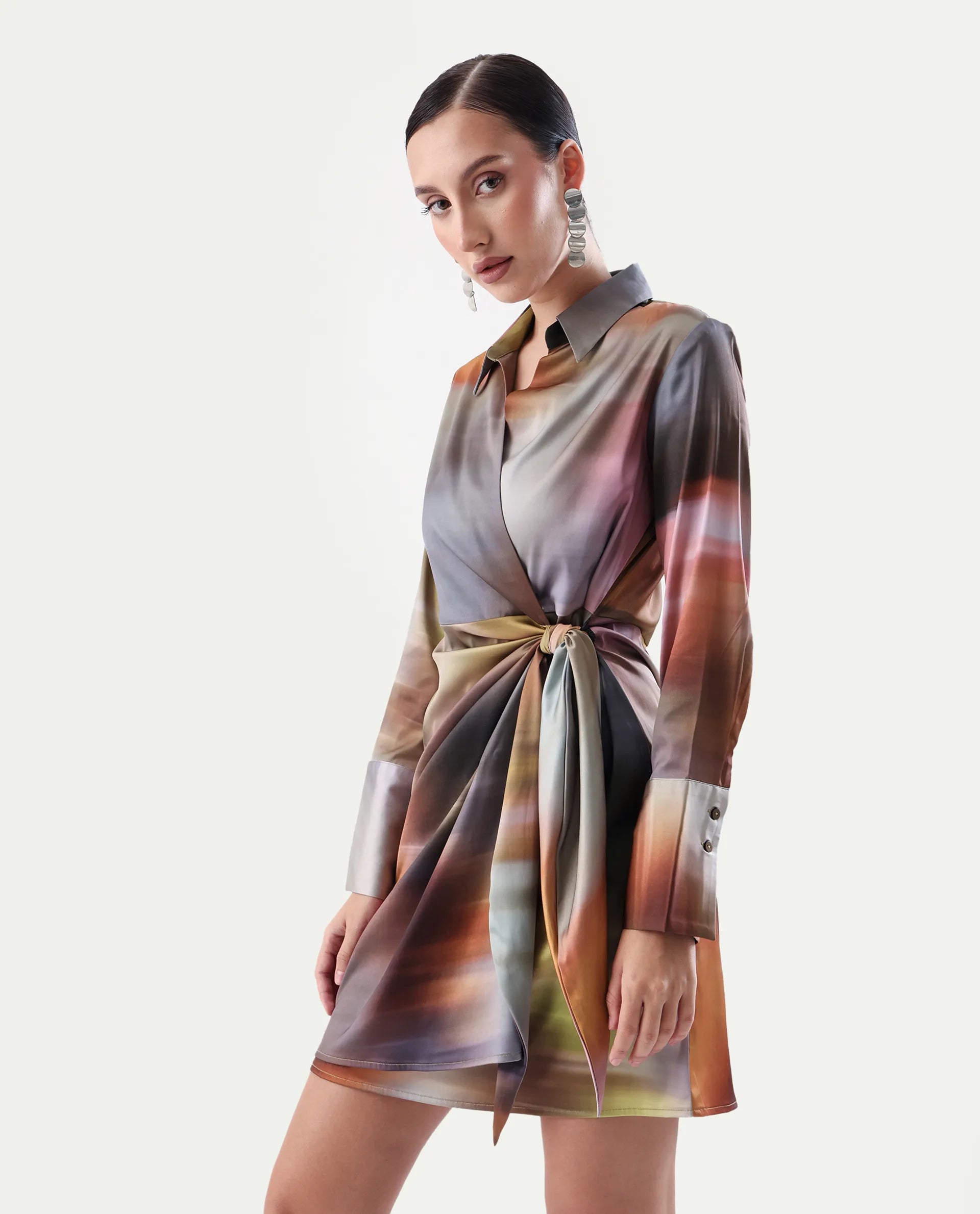 Rareism Women's Jengo Multi Polyester Johnny Collar Straight Fit Dress