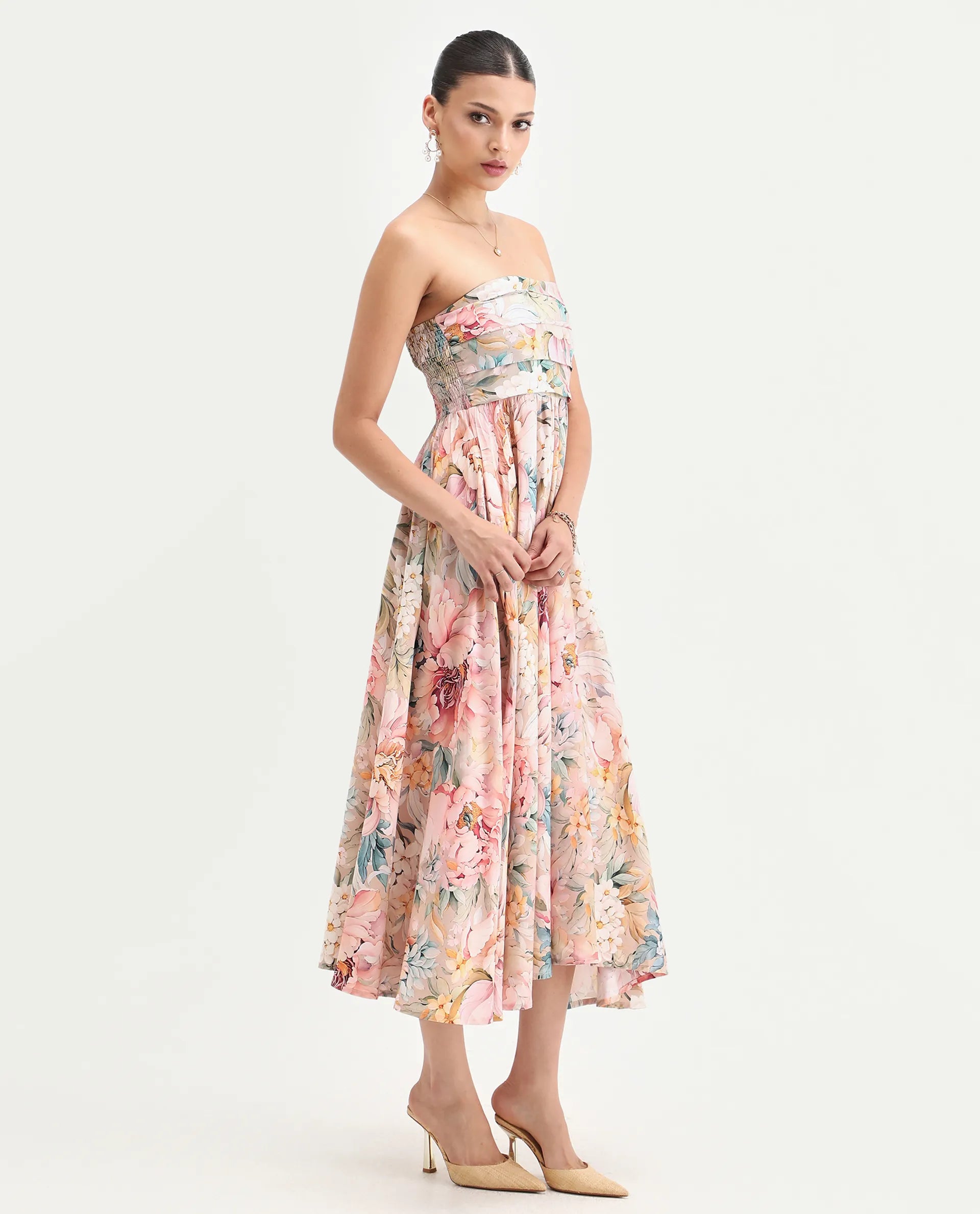 Rareism Women's Jenit Light Viscose Tube Neck Fit And Flare Printed Midi Dress
