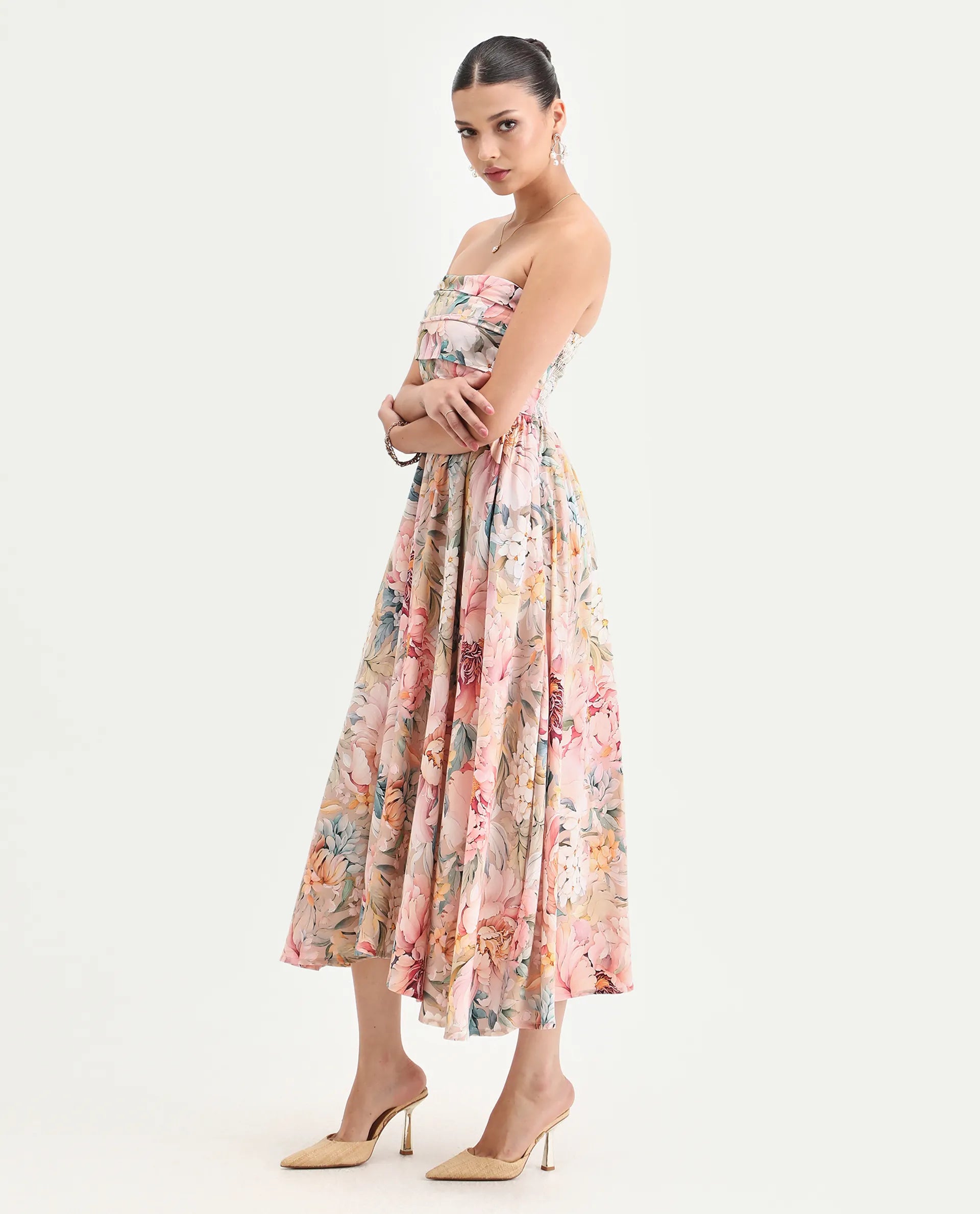 Rareism Women's Jenit Light Viscose Tube Neck Fit And Flare Printed Midi Dress