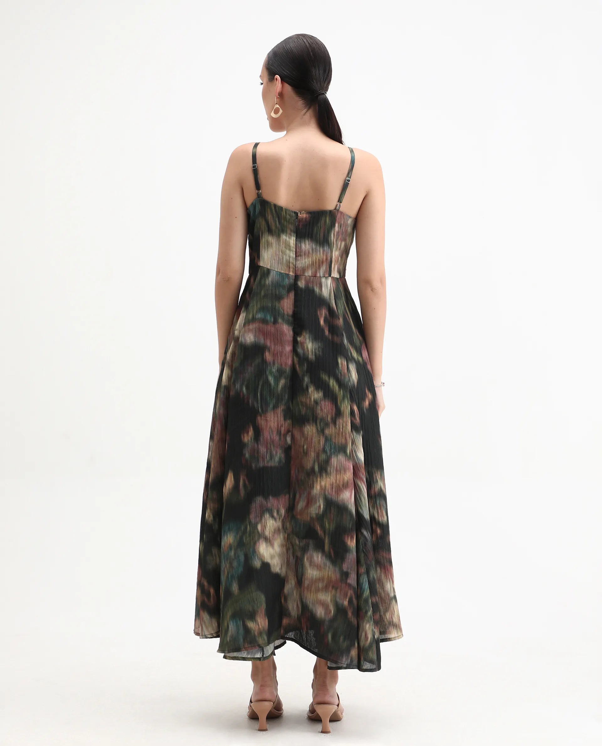 Rareism Women's Jenito Black Polyester Tube Neck Fit And Flare Printed Midi Dress
