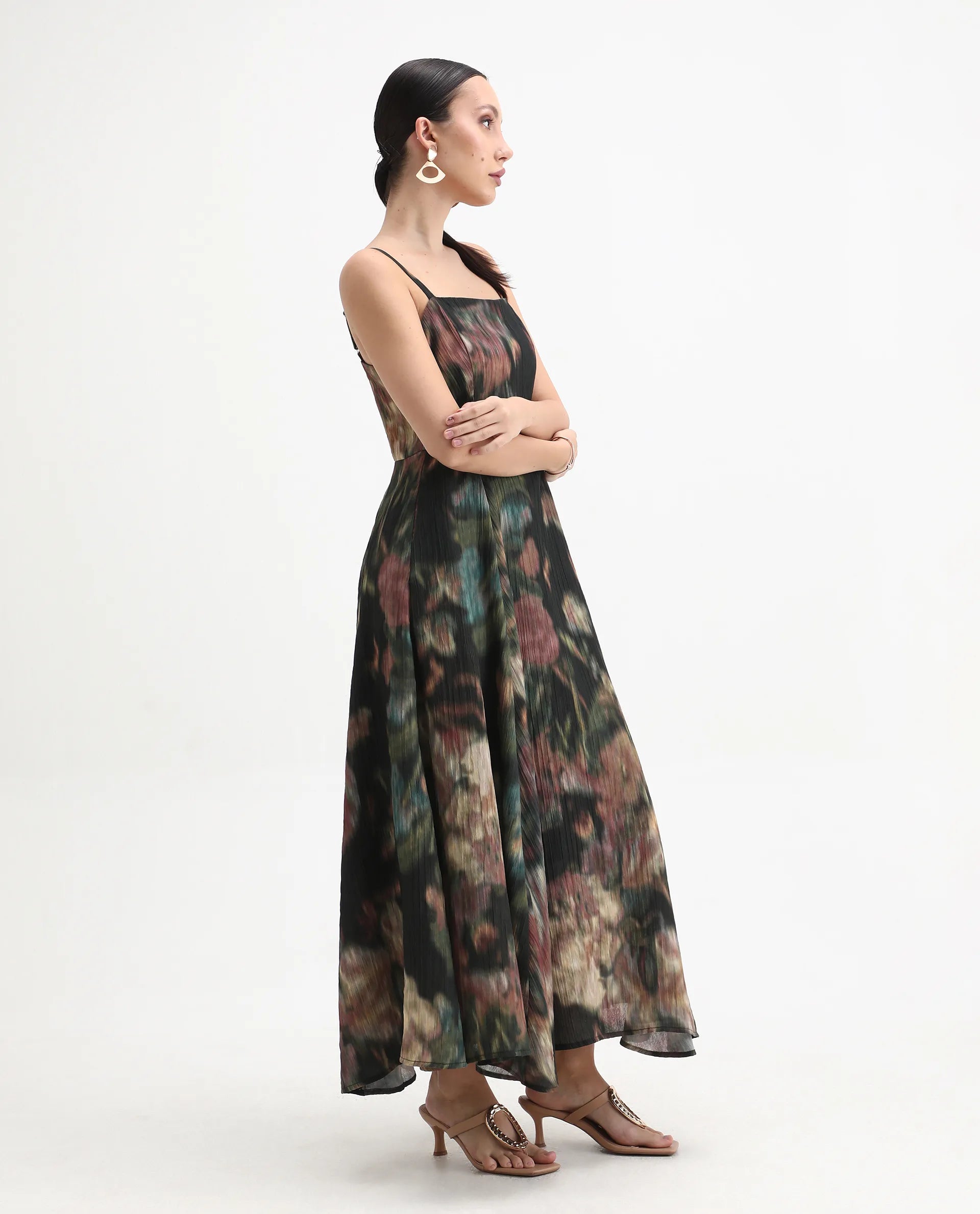 Rareism Women's Jenito Black Polyester Tube Neck Fit And Flare Printed Midi Dress