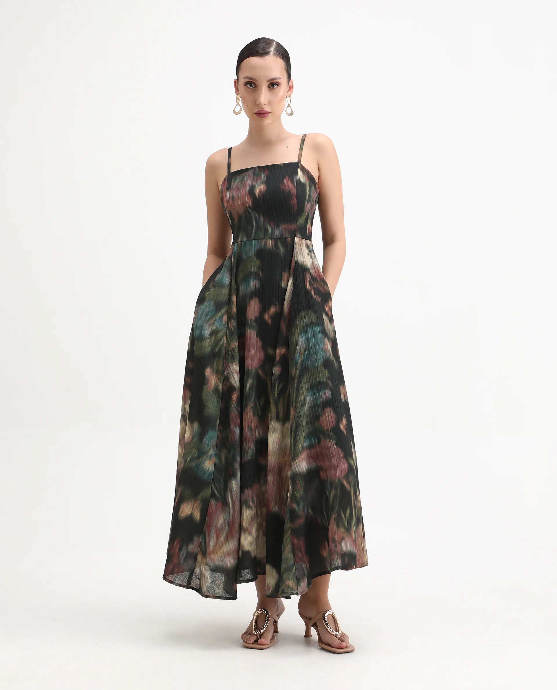 Rareism Women's Jenito Black Polyester Tube Neck Fit And Flare Printed Midi Dress