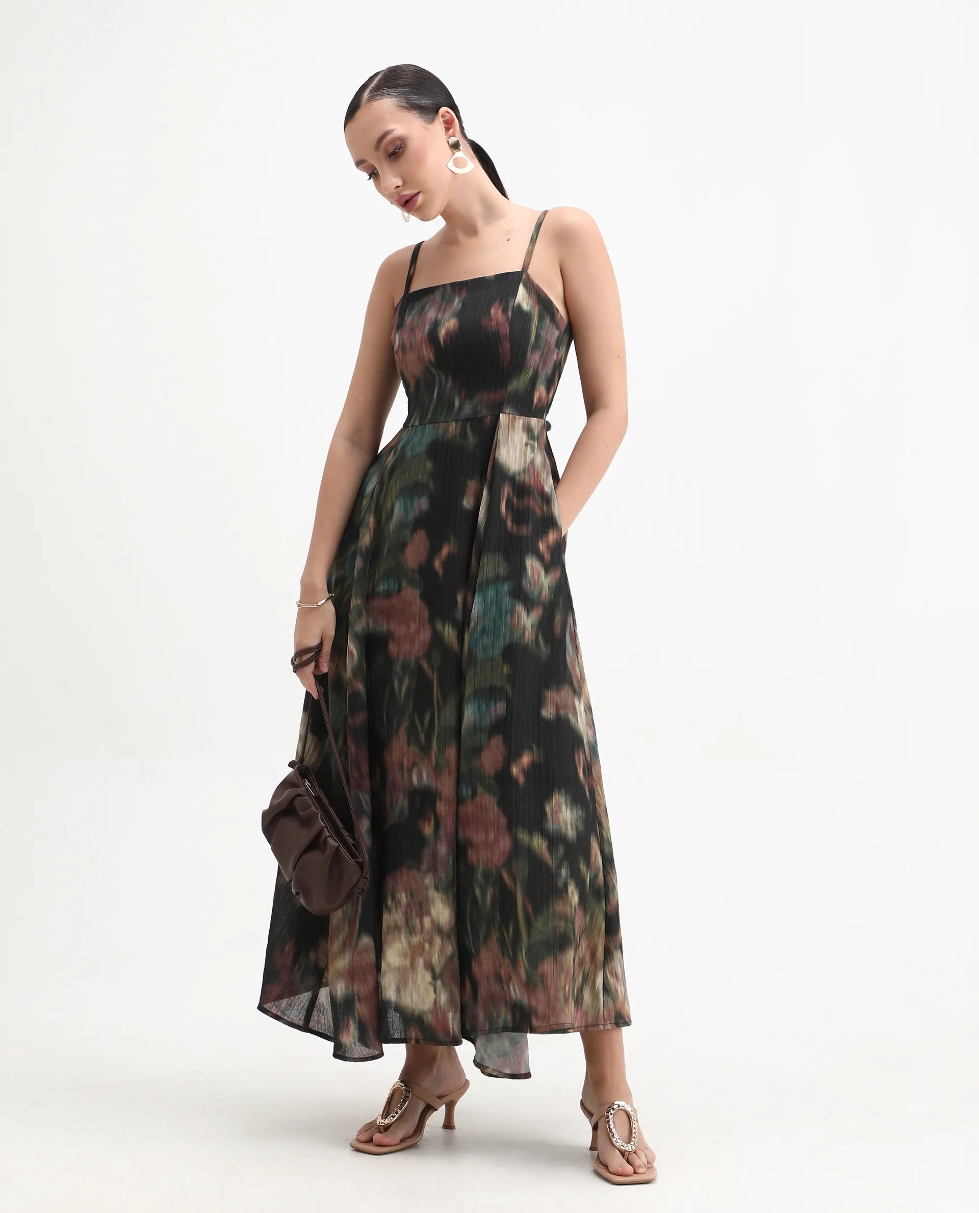 Rareism Women's Jenito Black Polyester Tube Neck Fit And Flare Printed Midi Dress