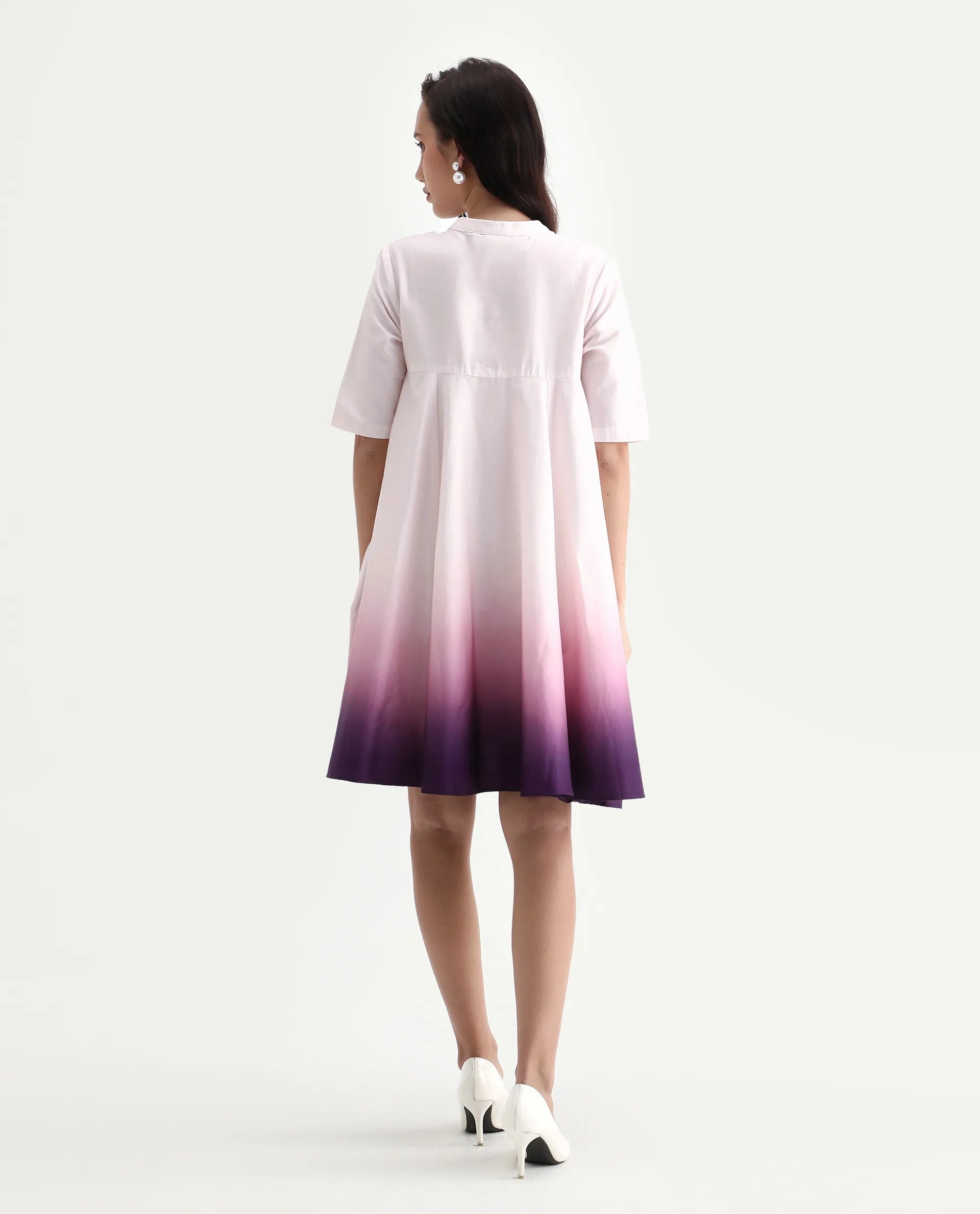 Rareism Women's Jenleo Purple Cotton Mandarin Collar Flared Printed Dress