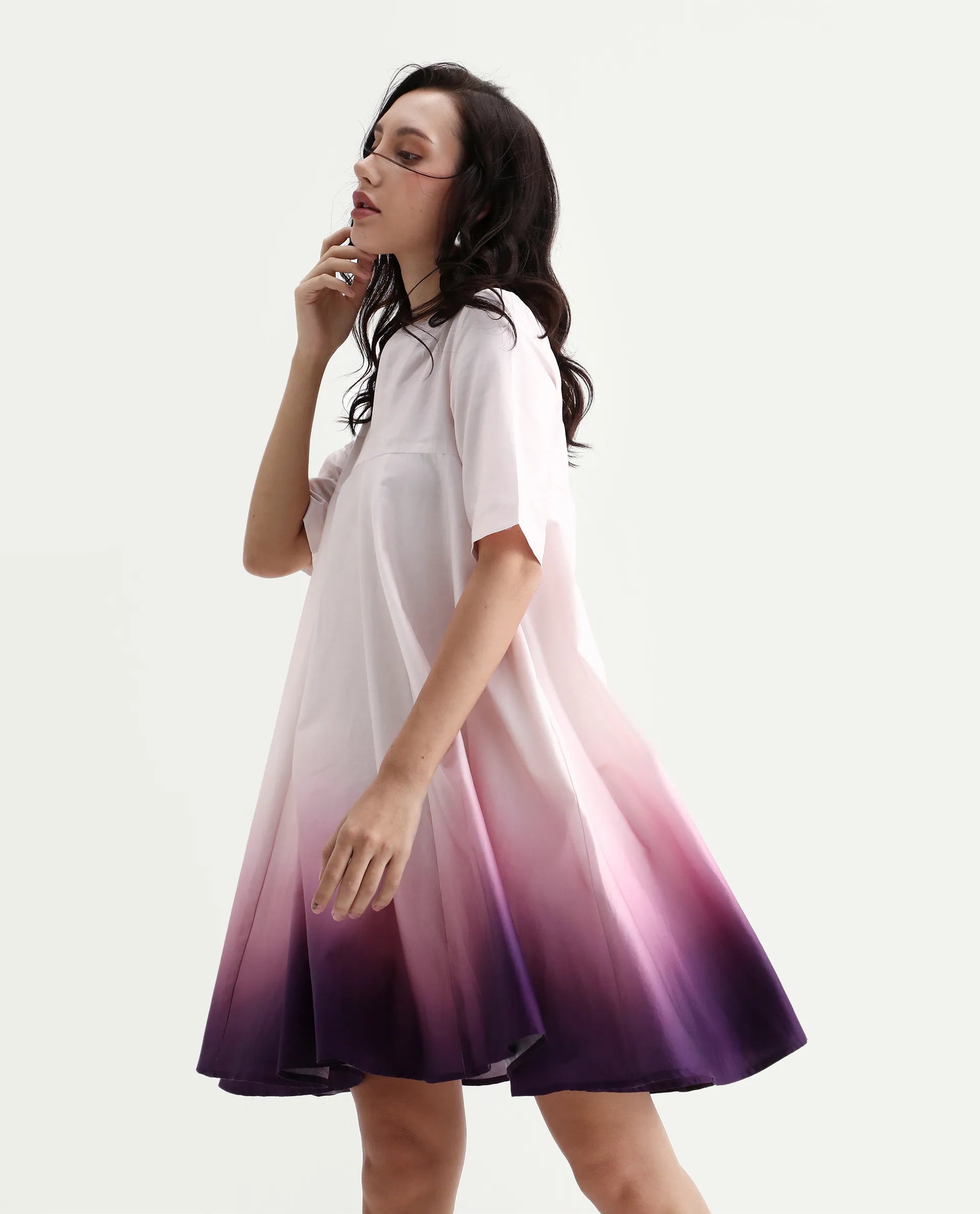 Rareism Women's Jenleo Purple Cotton Mandarin Collar Flared Printed Dress