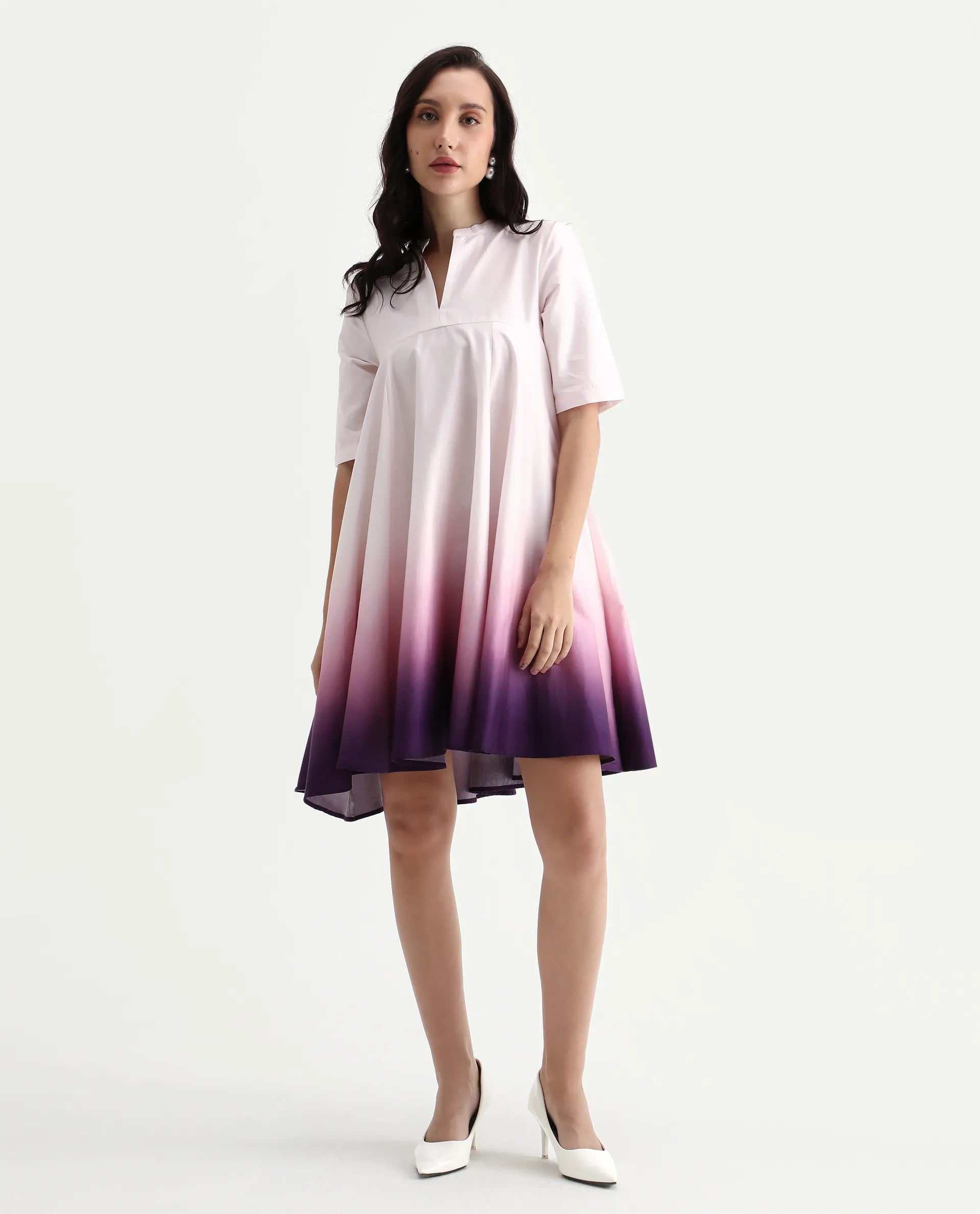 Rareism Women's Jenleo Purple Cotton Mandarin Collar Flared Printed Dress