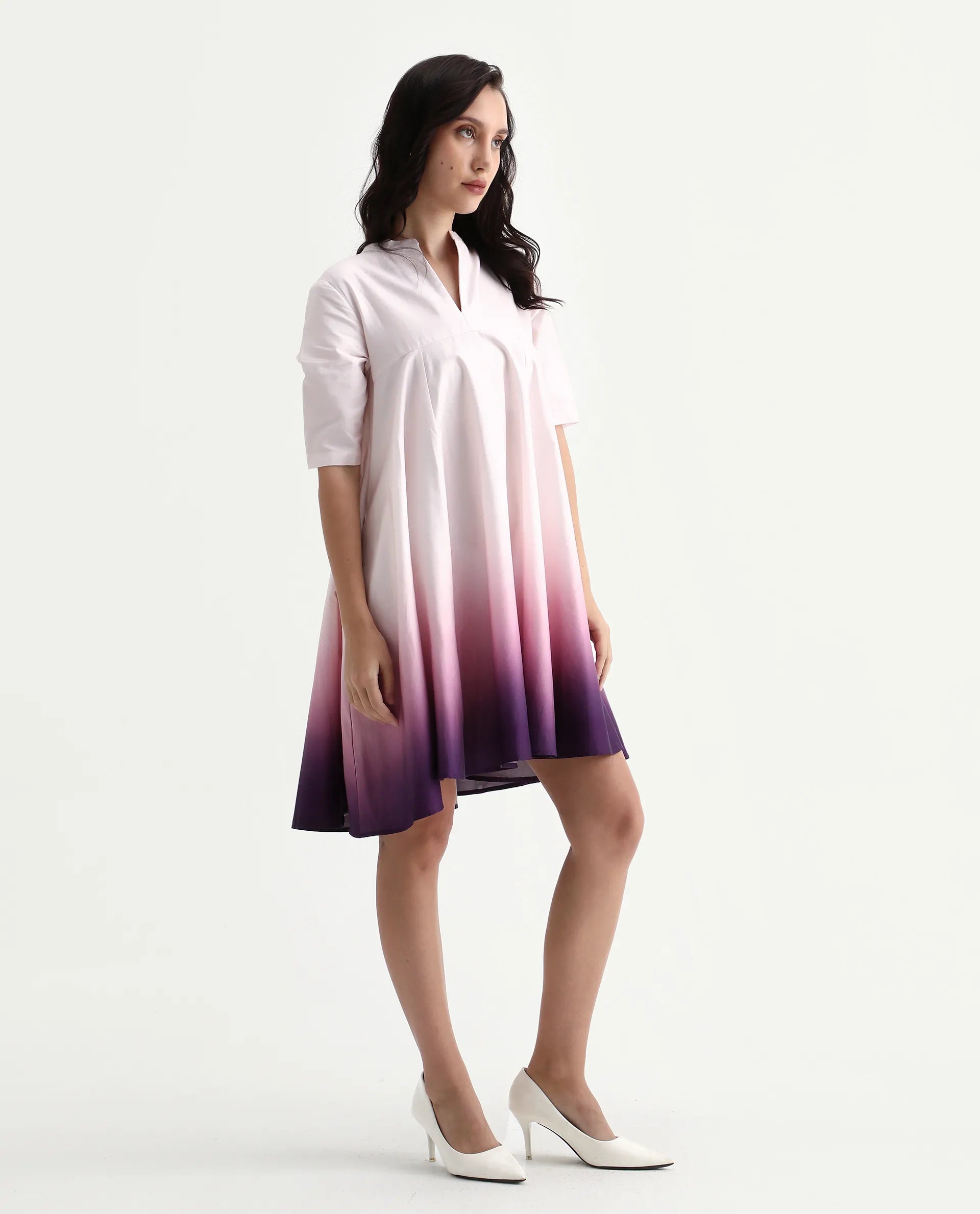 Rareism Women's Jenleo Purple Cotton Mandarin Collar Flared Printed Dress