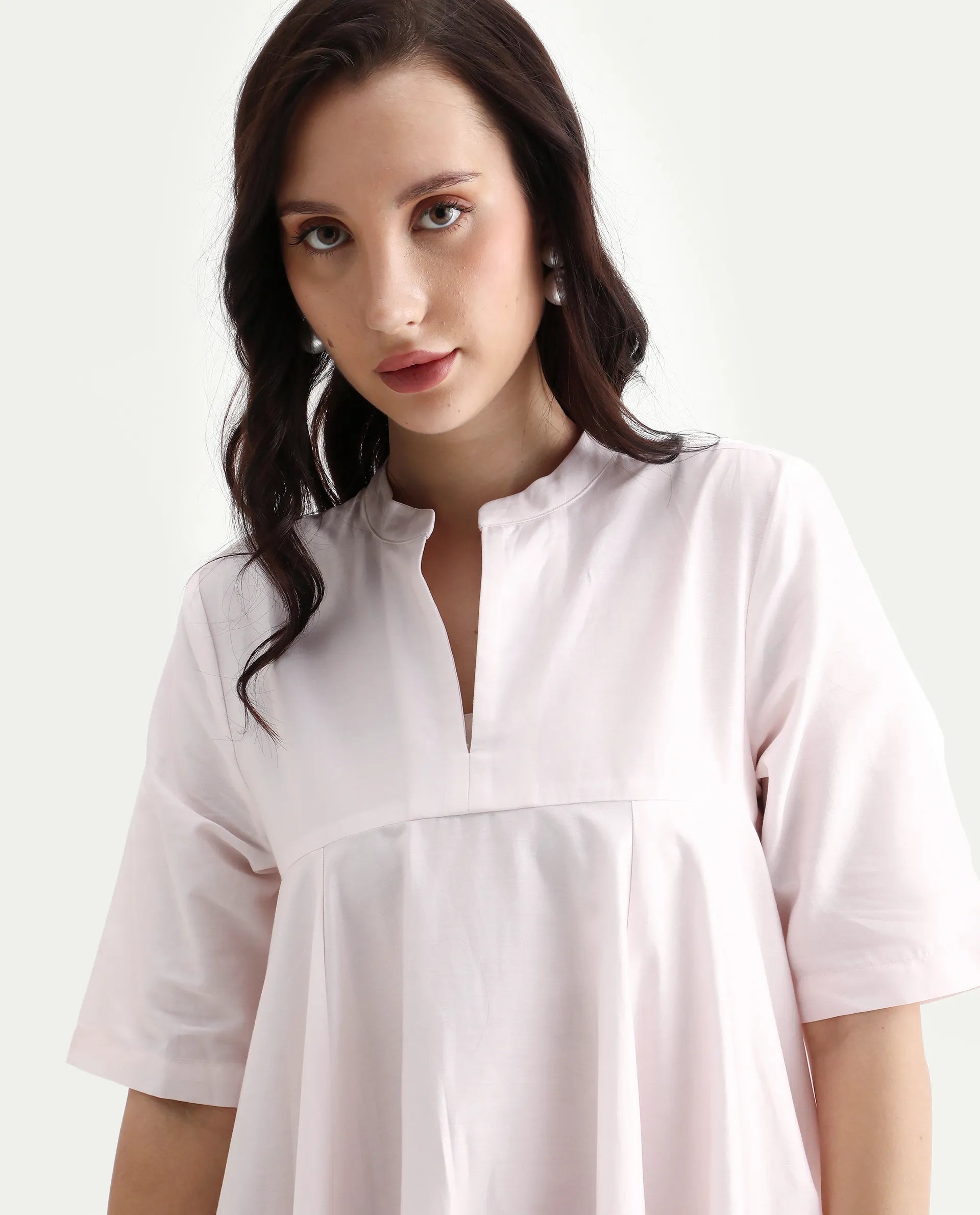 Rareism Women's Jenleo Purple Cotton Mandarin Collar Flared Printed Dress