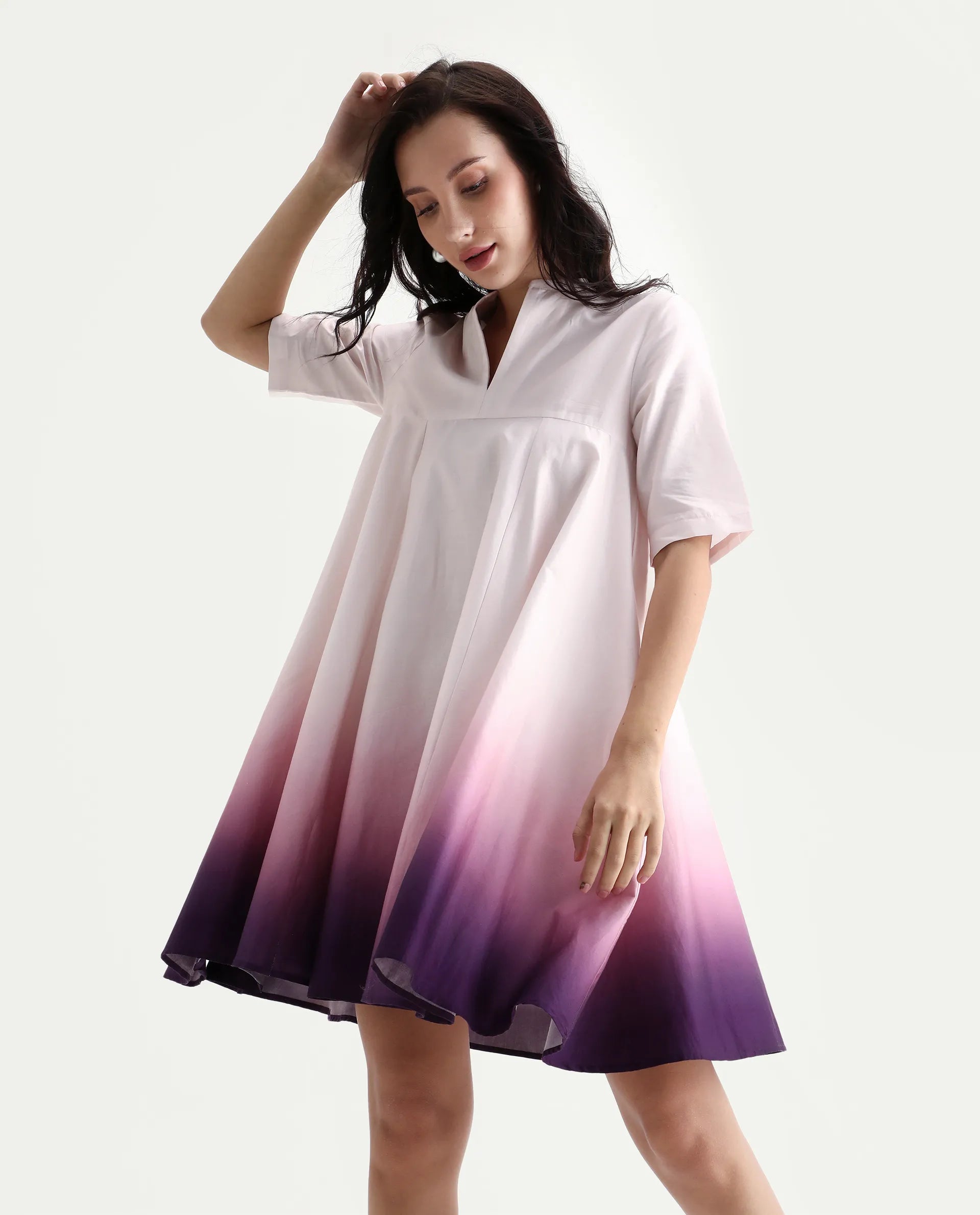 Rareism Women's Jenleo Purple Cotton Mandarin Collar Flared Printed Dress