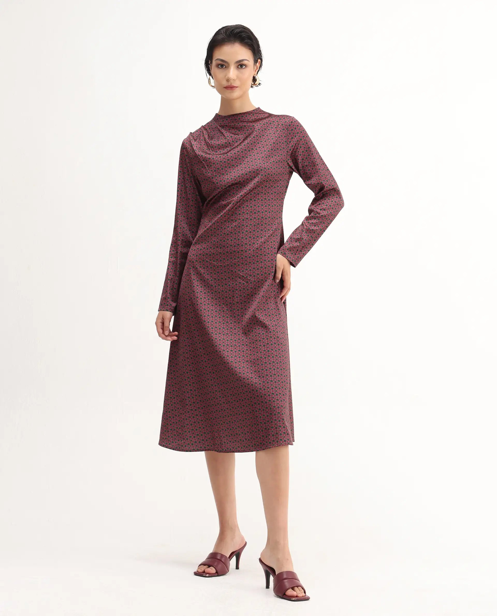 Rareism Women's Jenlio Dark Green Polyester High Neck Fitted Geometric Print Midi Dress