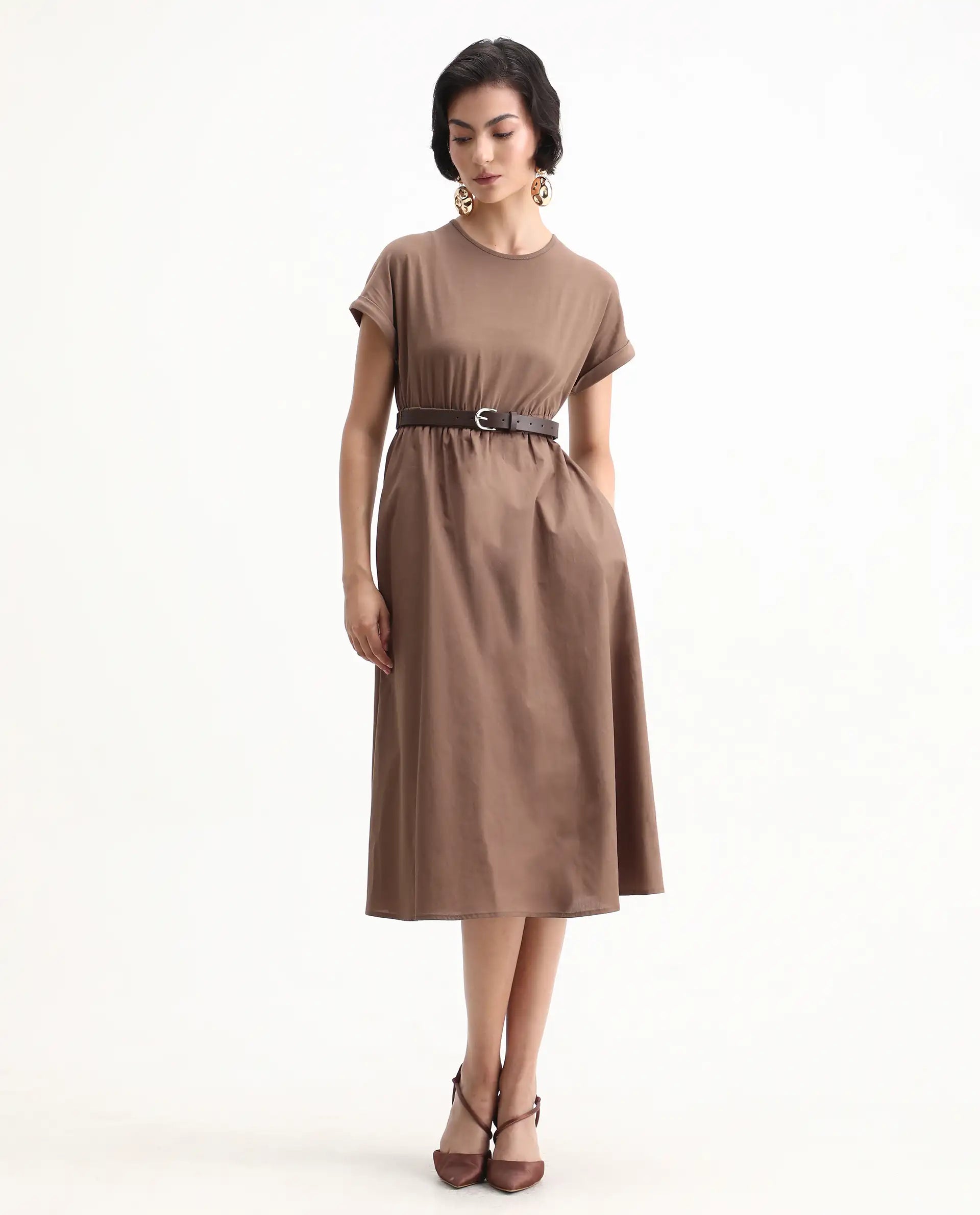 Rareism Women's Jento Brown Cotton Round Neck Fit And Flare Plain Midi Dress