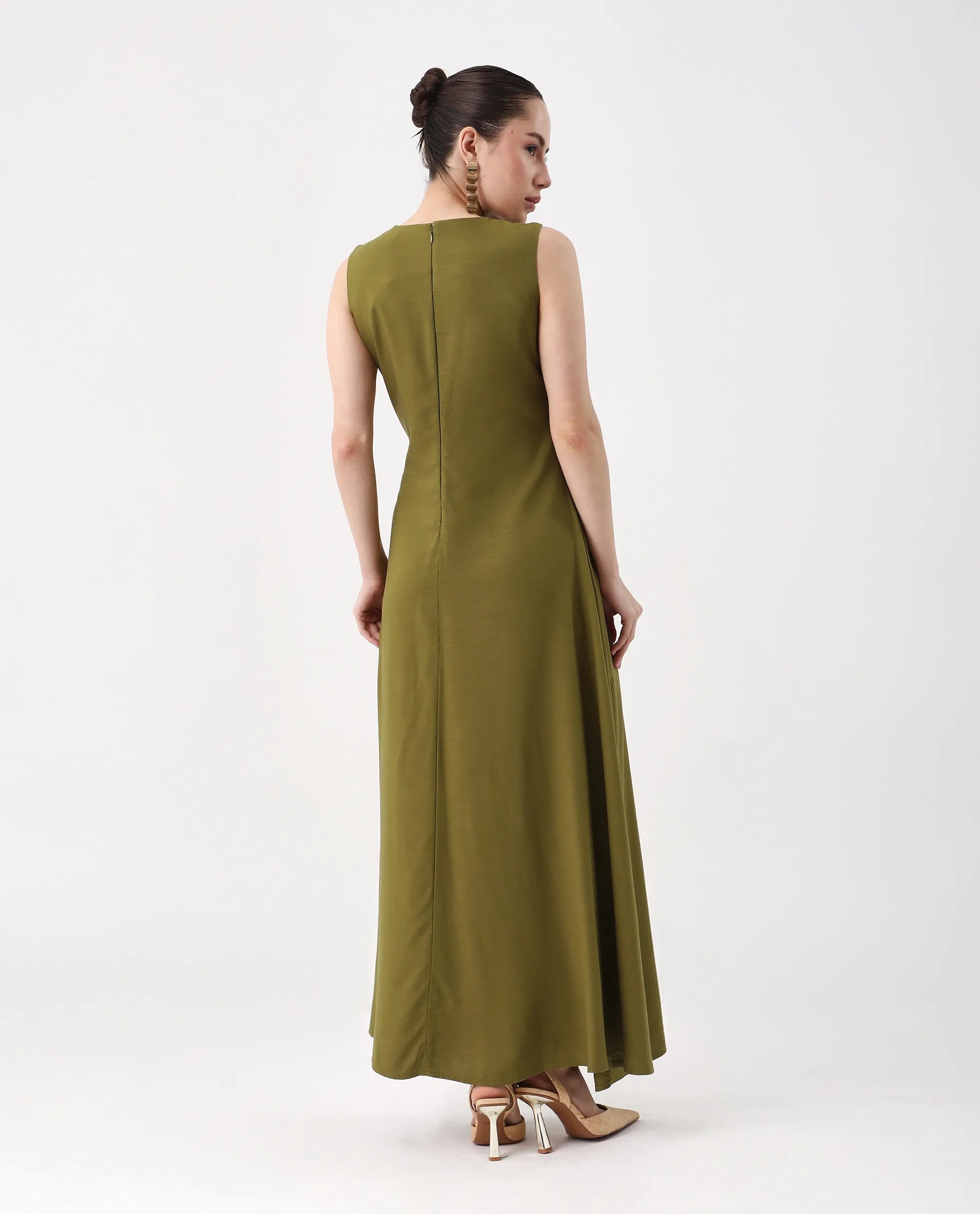 Rareism Women's Jensero Olive Viscose Round Neck Fit And Flare Plain Dress