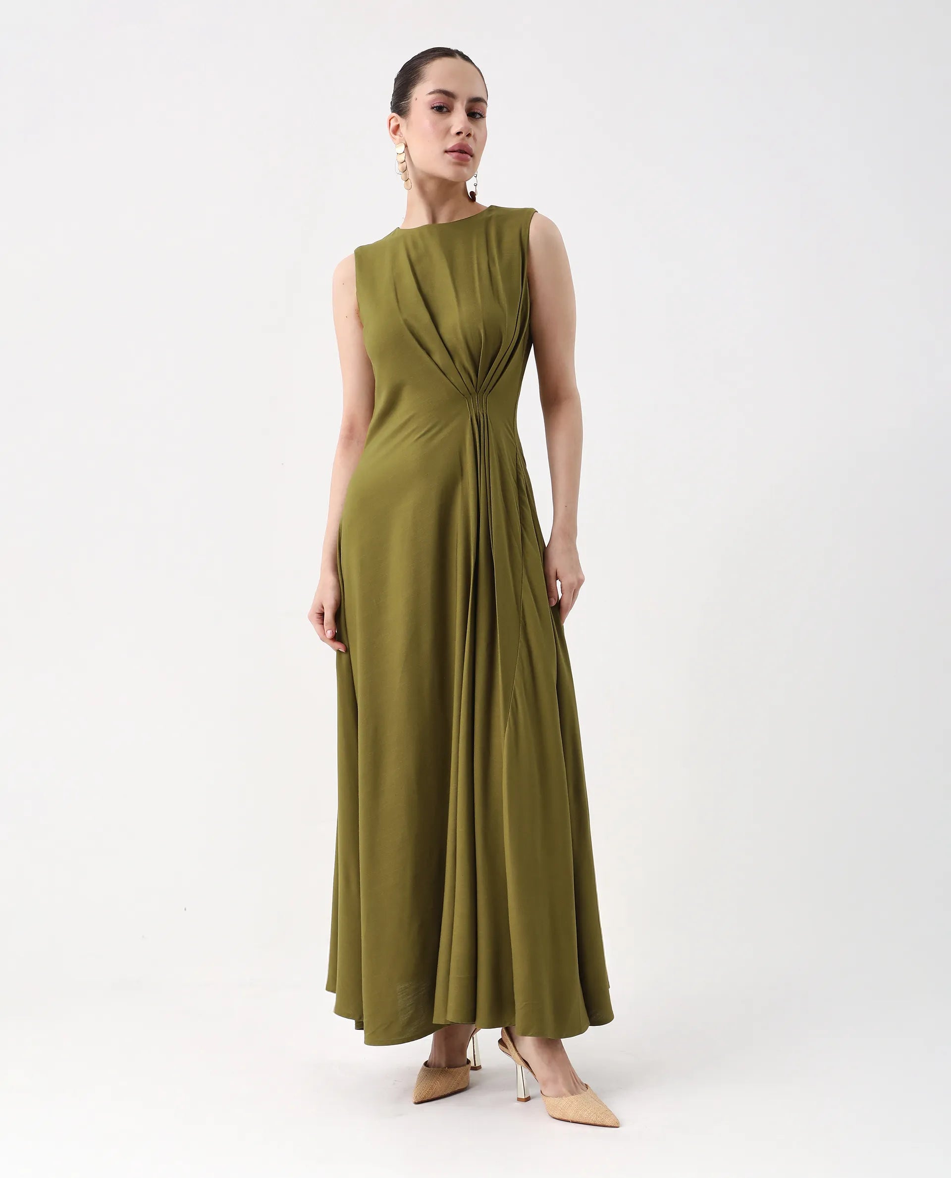 Rareism Women's Jensero Olive Viscose Round Neck Fit And Flare Plain Dress