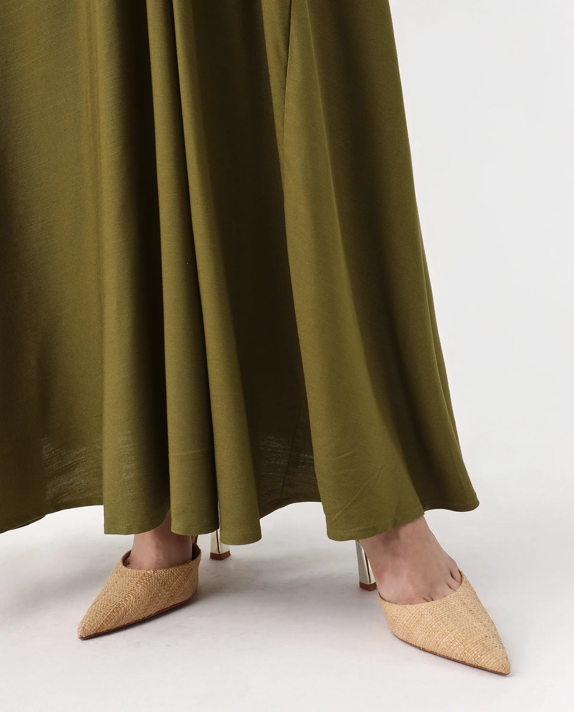 Rareism Women's Jensero Olive Viscose Round Neck Fit And Flare Plain Dress