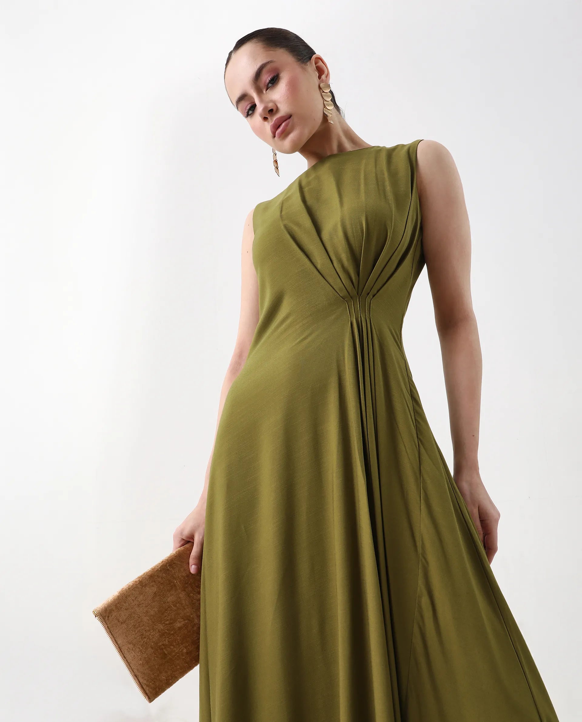 Rareism Women's Jensero Olive Viscose Round Neck Fit And Flare Plain Dress