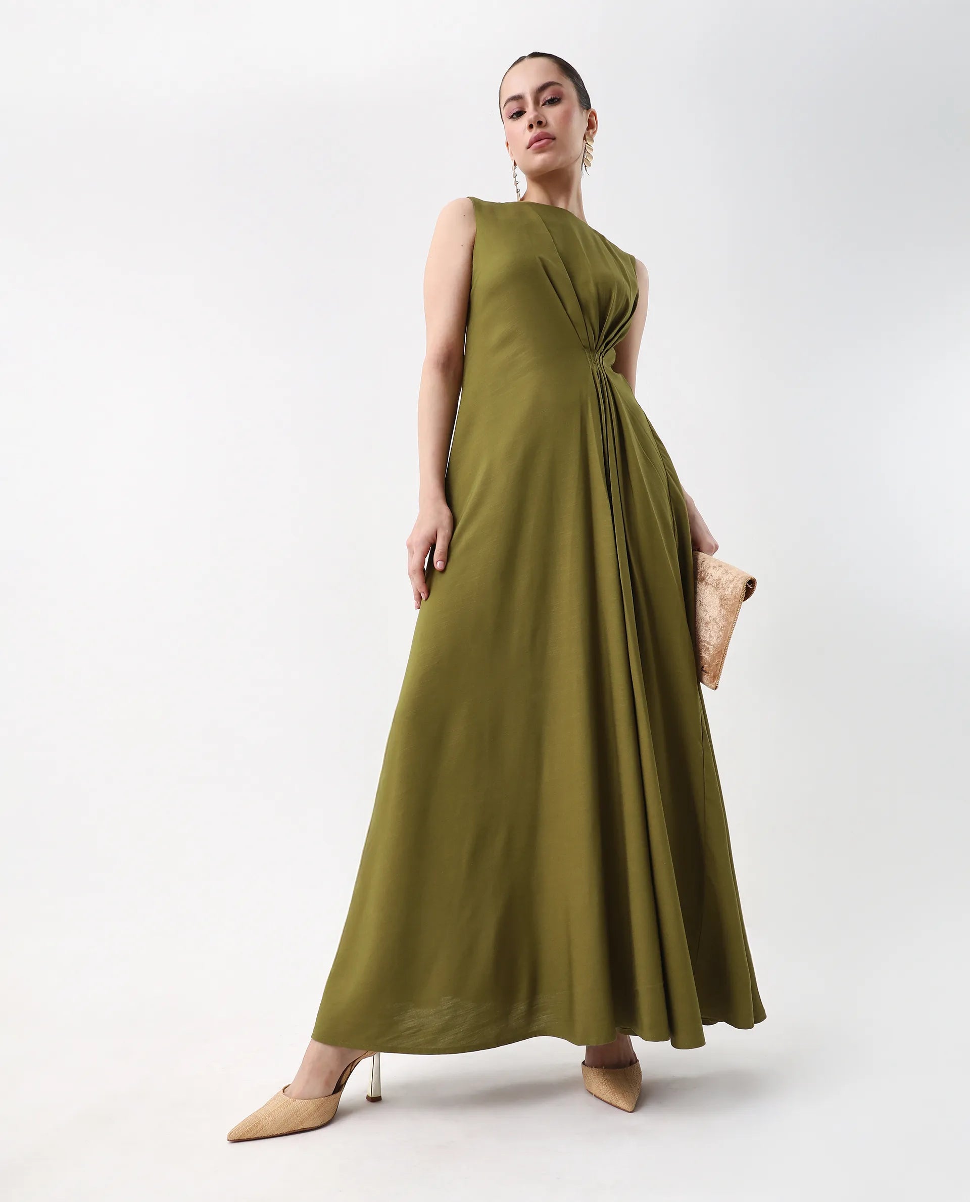 Rareism Women's Jensero Olive Viscose Round Neck Fit And Flare Plain Dress