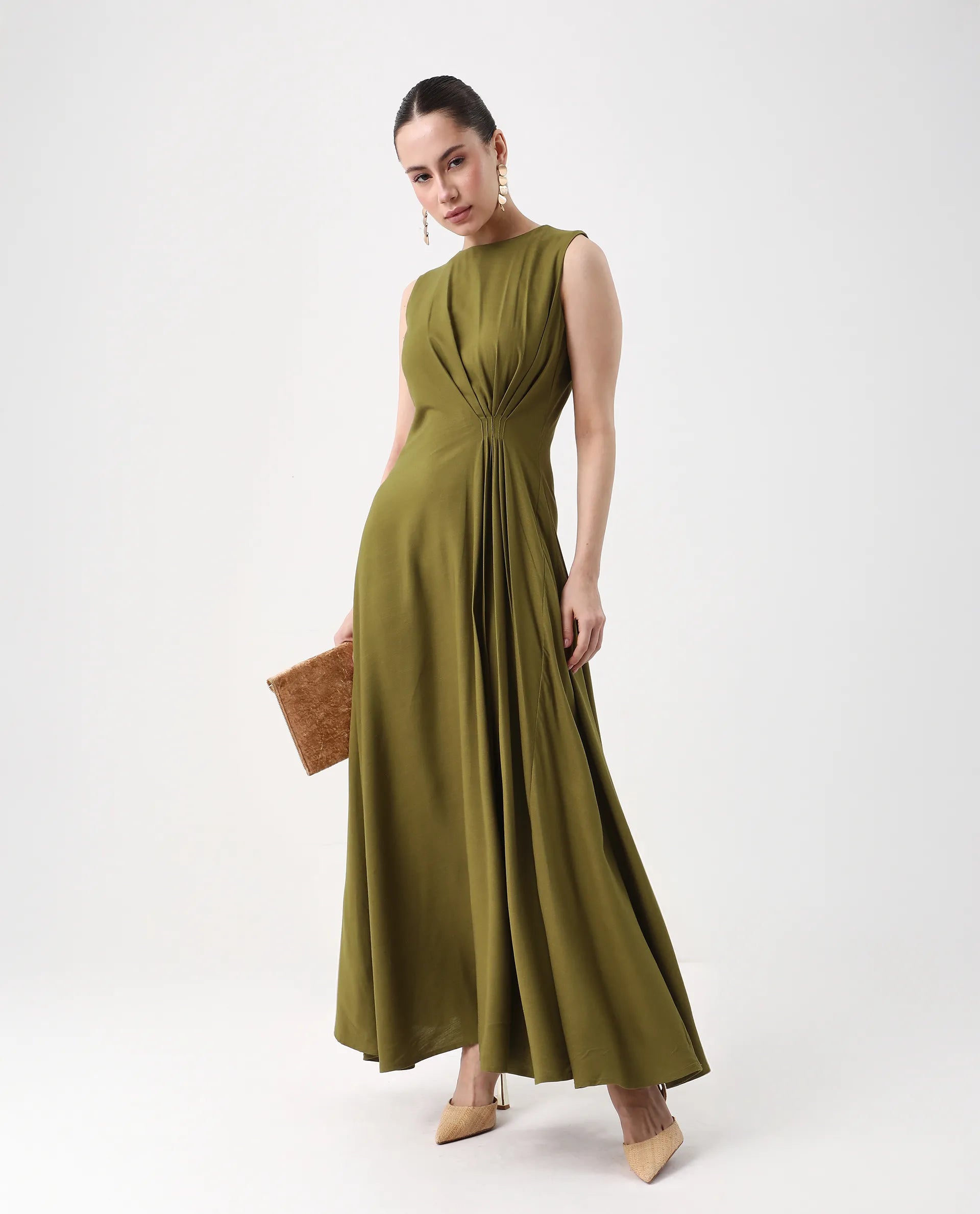 Rareism Women's Jensero Olive Viscose Round Neck Fit And Flare Plain Dress