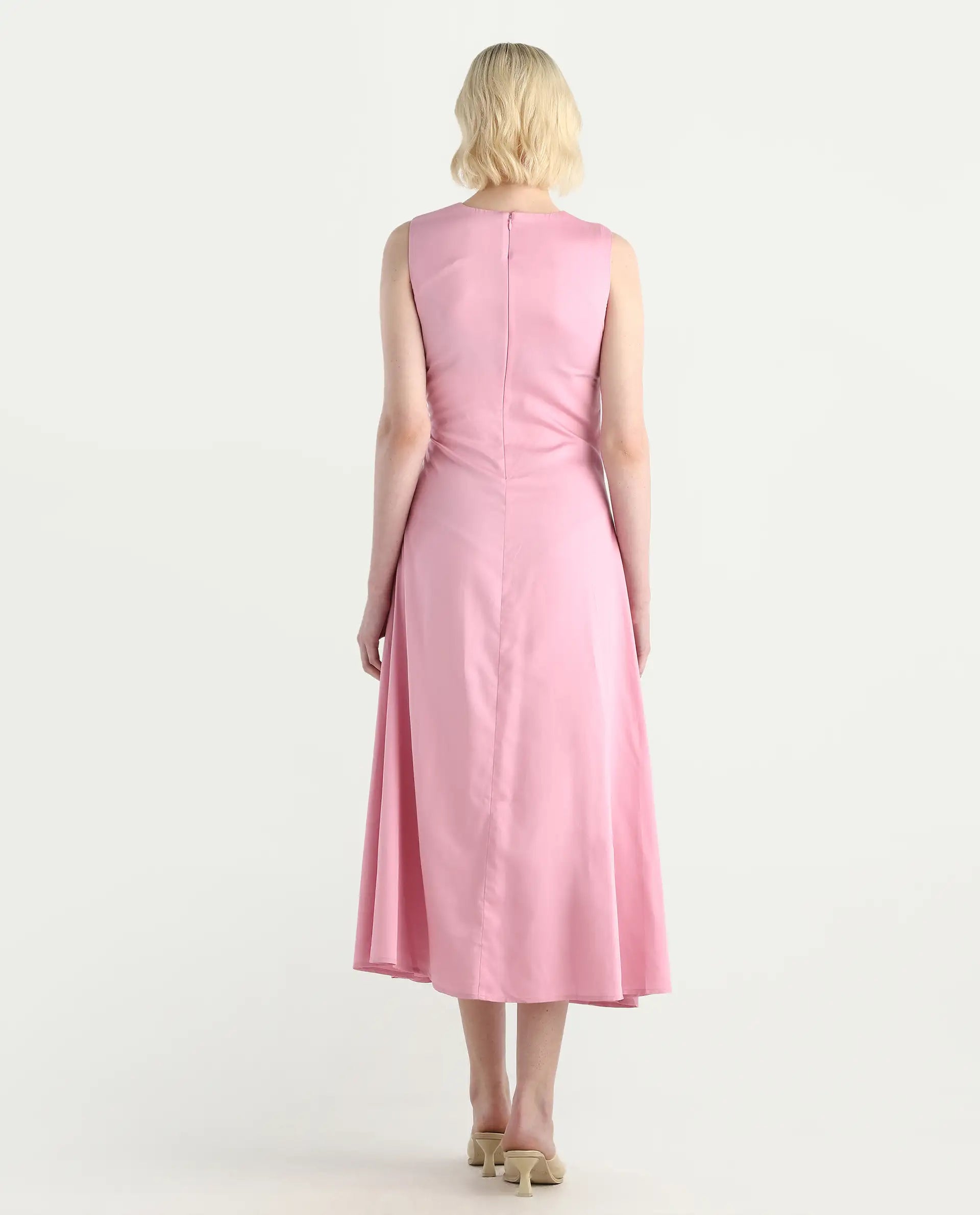 Rareism Women's Jensero Pink Dusky Viscose Sleeveless Round Neck Fit And Flare Fit Plain Dress