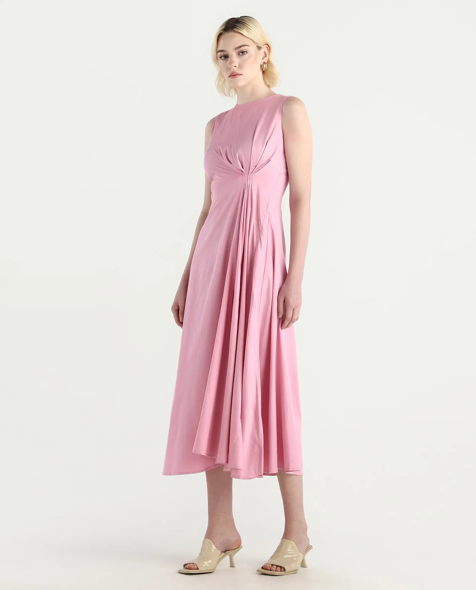 Rareism Women's Jensero Pink Dusky Viscose Sleeveless Round Neck Fit And Flare Fit Plain Dress