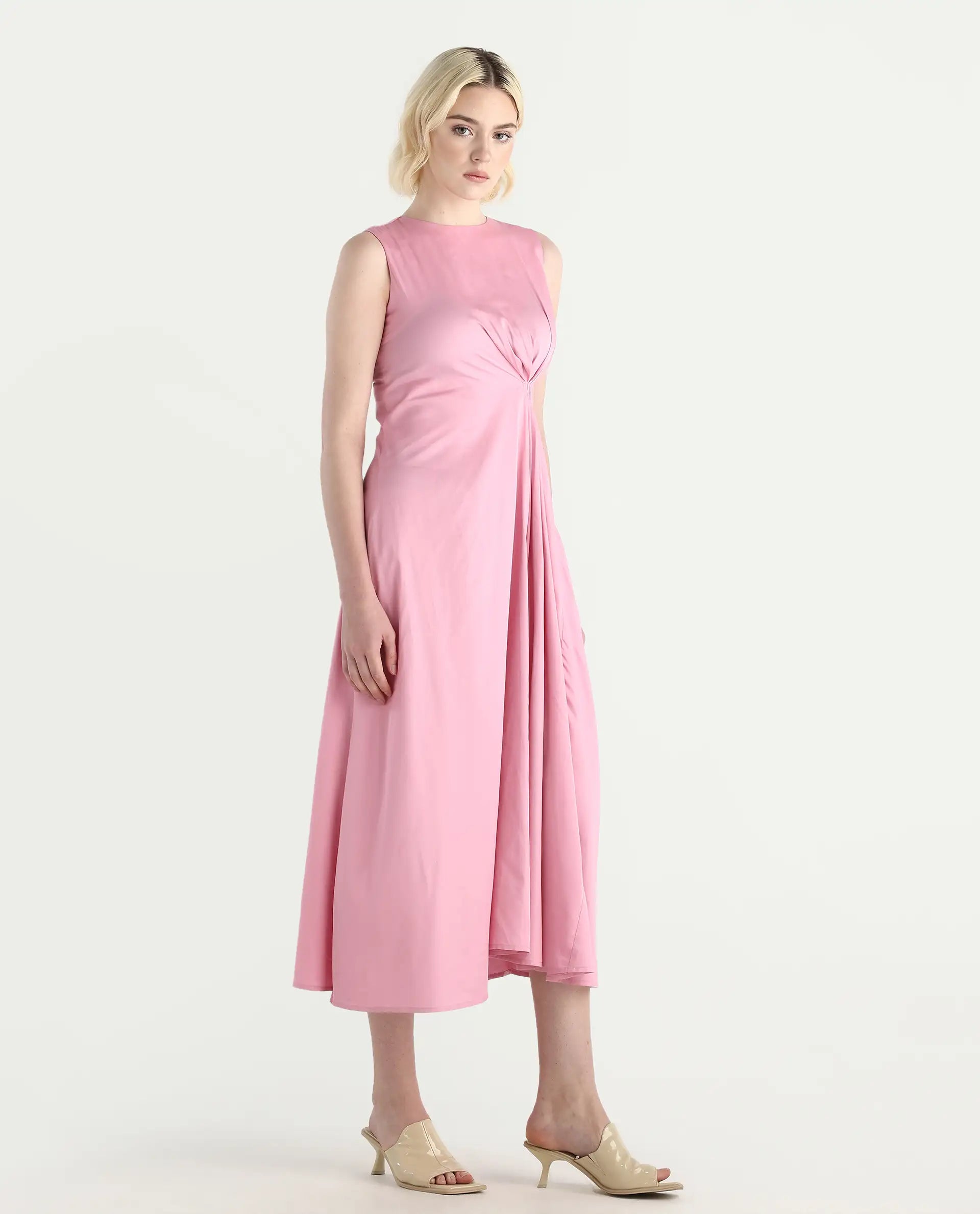 Rareism Women's Jensero Pink Dusky Viscose Sleeveless Round Neck Fit And Flare Fit Plain Dress