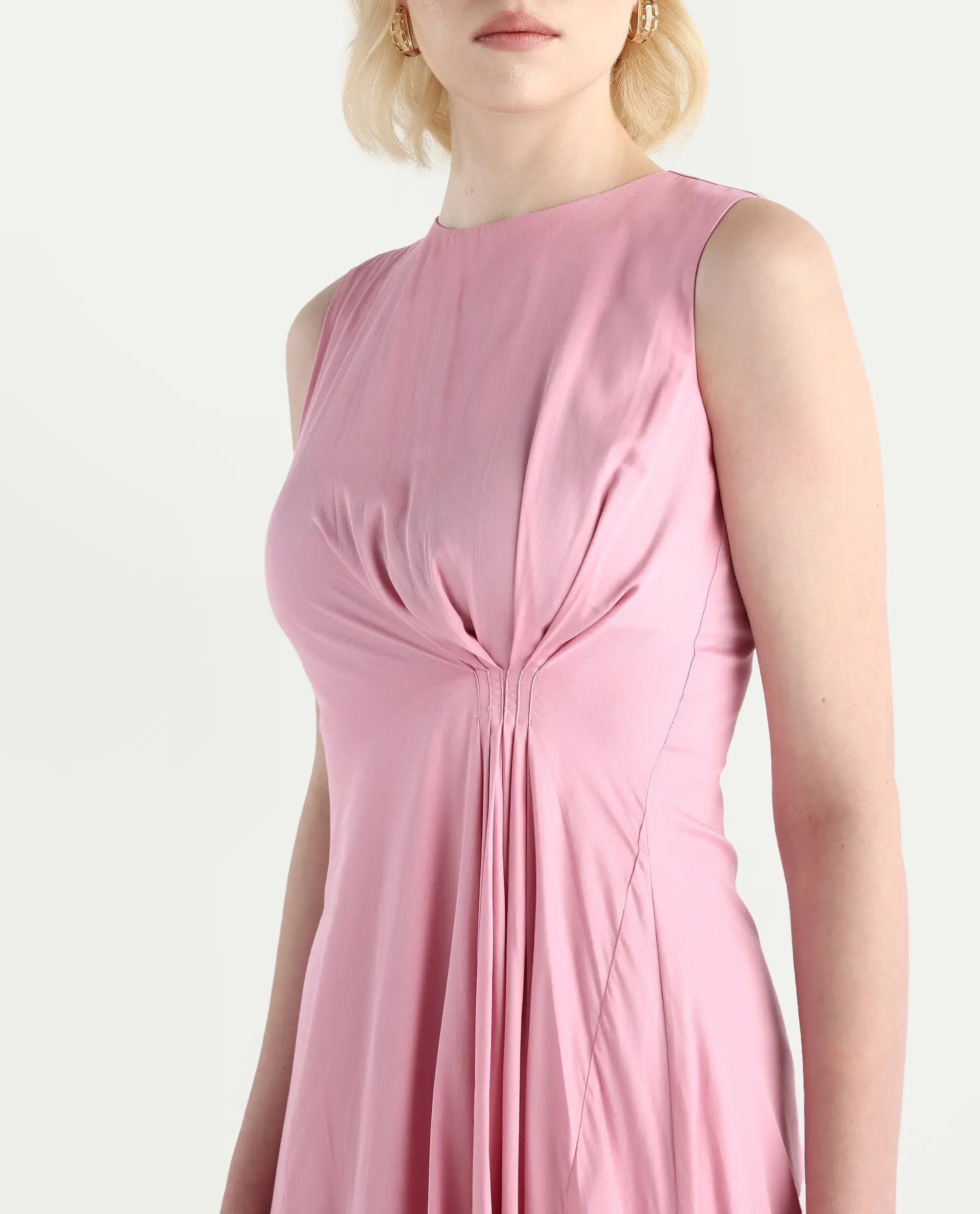 Rareism Women's Jensero Pink Dusky Viscose Sleeveless Round Neck Fit And Flare Fit Plain Dress