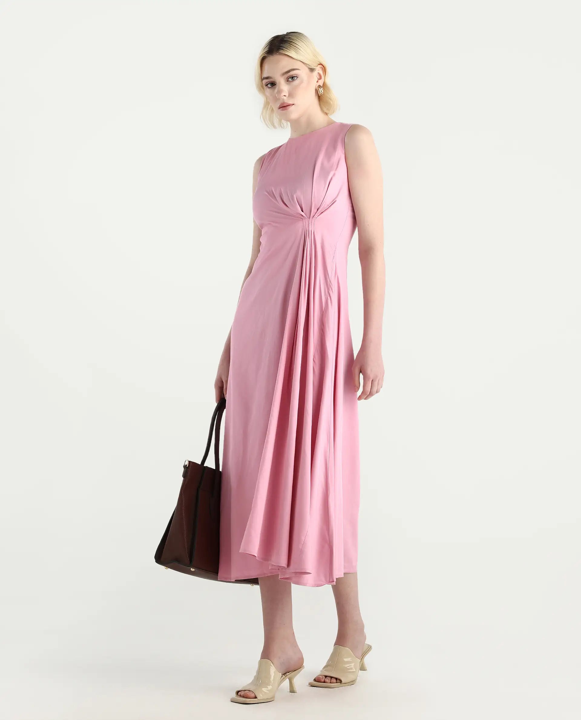 Rareism Women's Jensero Pink Dusky Viscose Sleeveless Round Neck Fit And Flare Fit Plain Dress