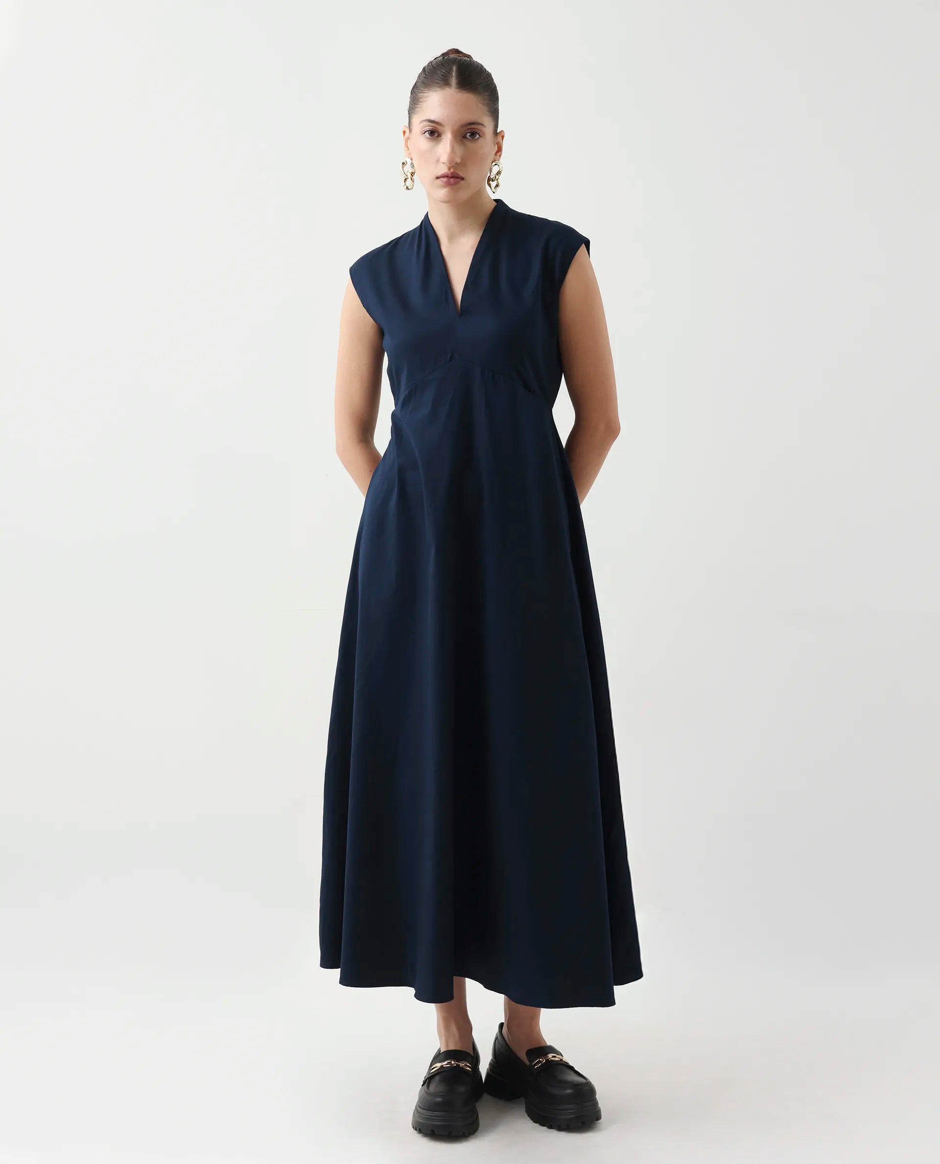 Rareism Women's Jenshi Navy Cotton Blend V-Neck Fit And Flare Plain Dress