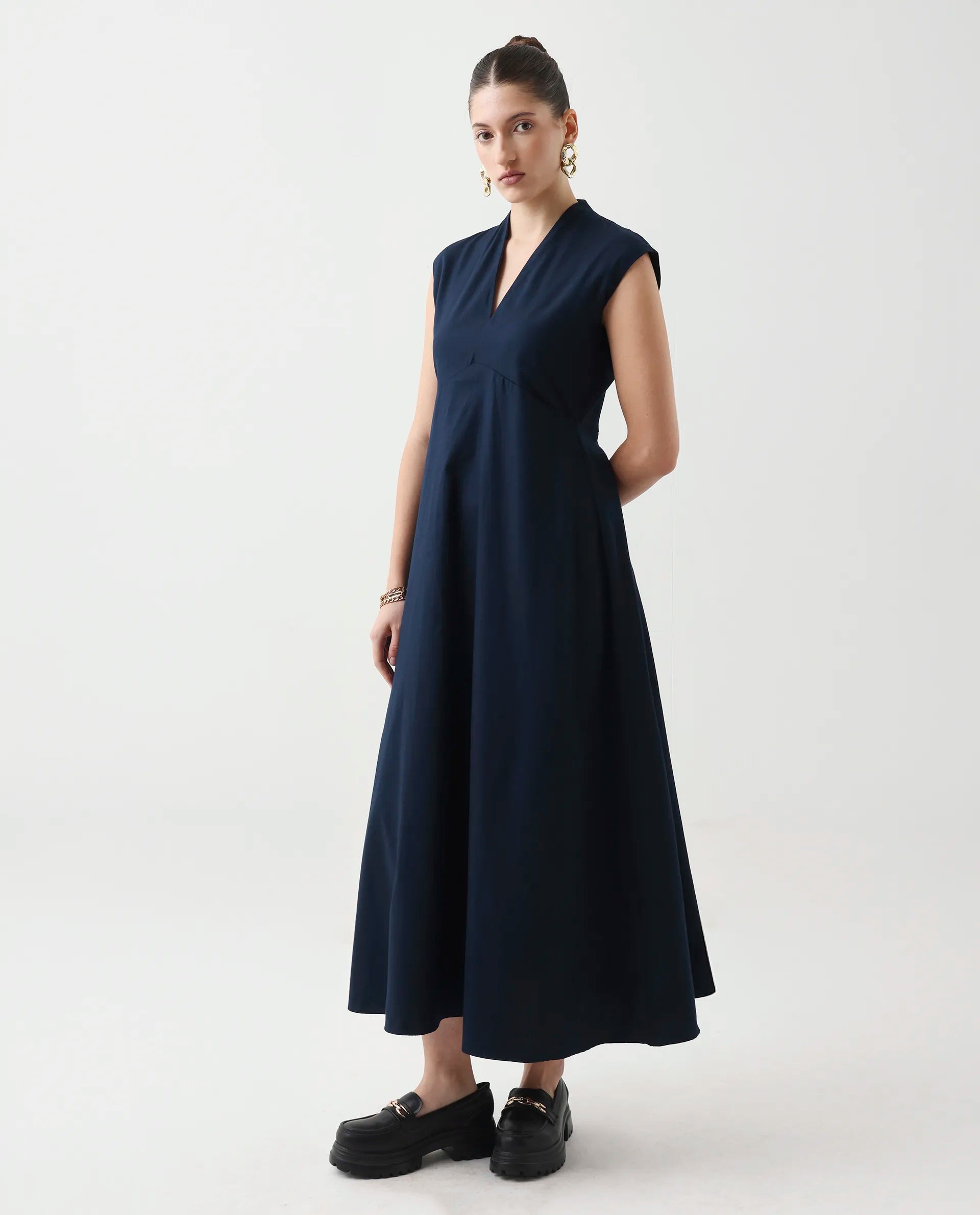 Rareism Women's Jenshi Navy Cotton Blend V-Neck Fit And Flare Plain Dress