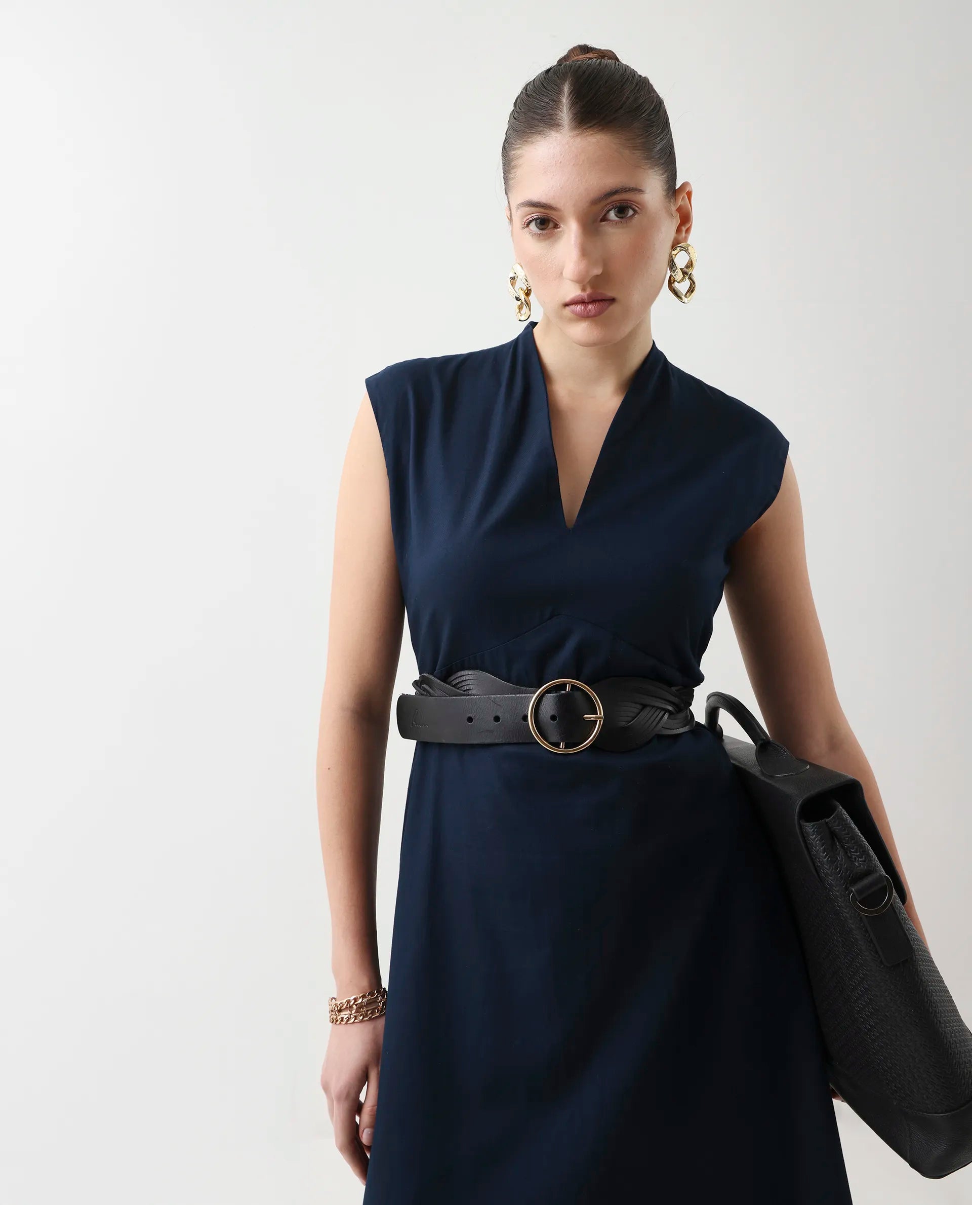 Rareism Women's Jenshi Navy Cotton Blend V-Neck Fit And Flare Plain Dress