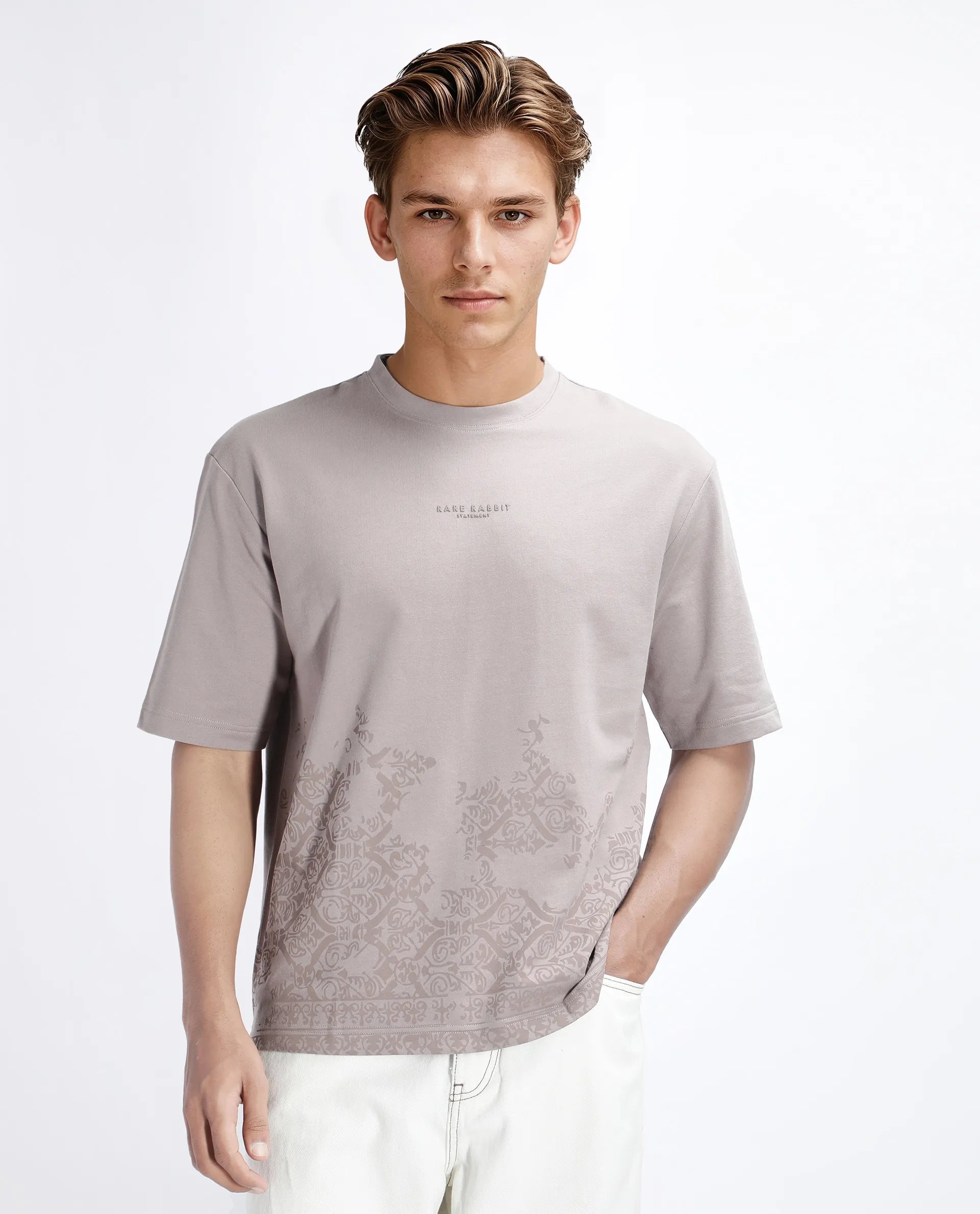 Rare Rabbit Men's Jent Grey Cotton Graphic Print Oversized Fit Half Sleeve Crew Neck T-Shirt