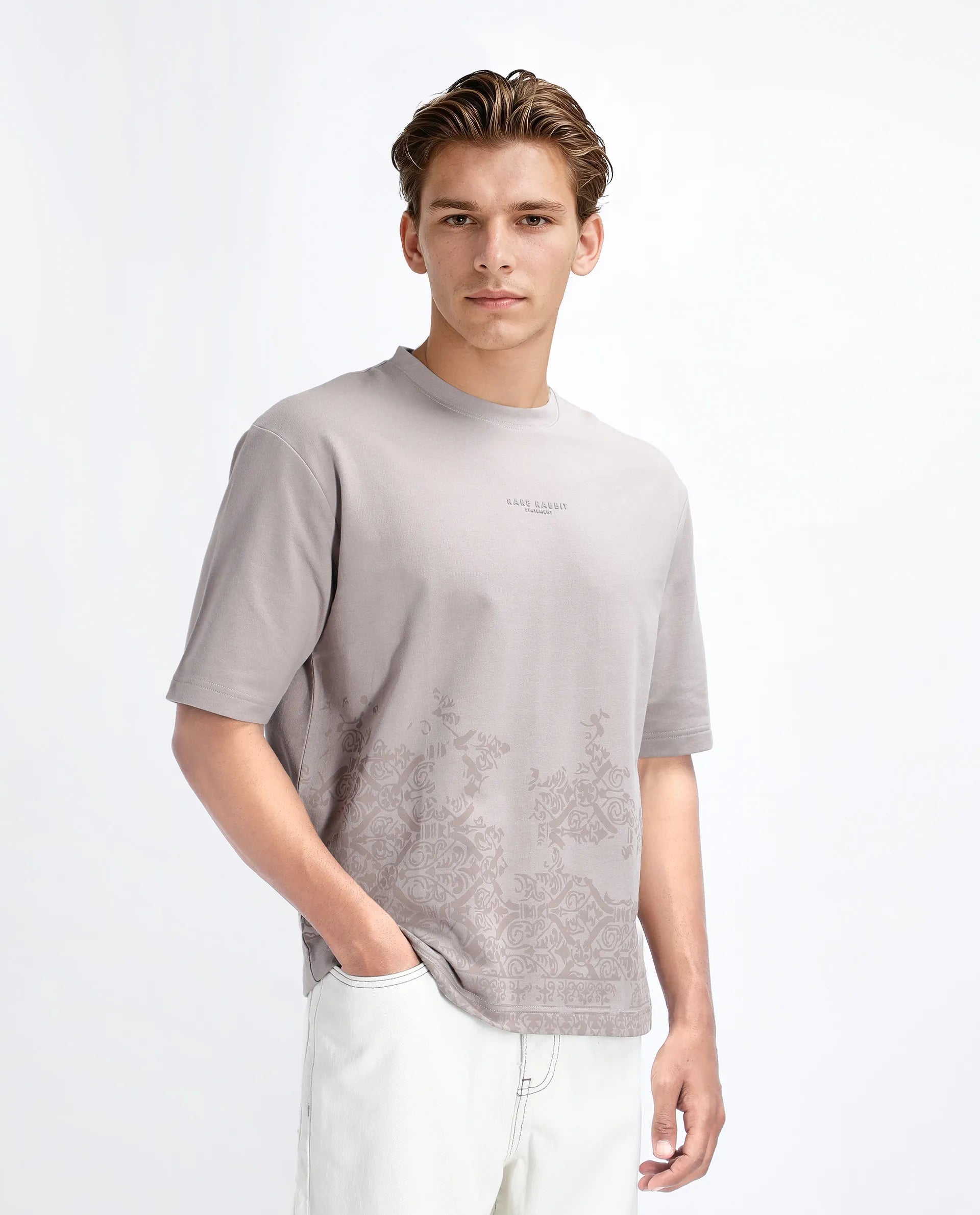 Rare Rabbit Men's Jent Grey Cotton Graphic Print Oversized Fit Half Sleeve Crew Neck T-Shirt