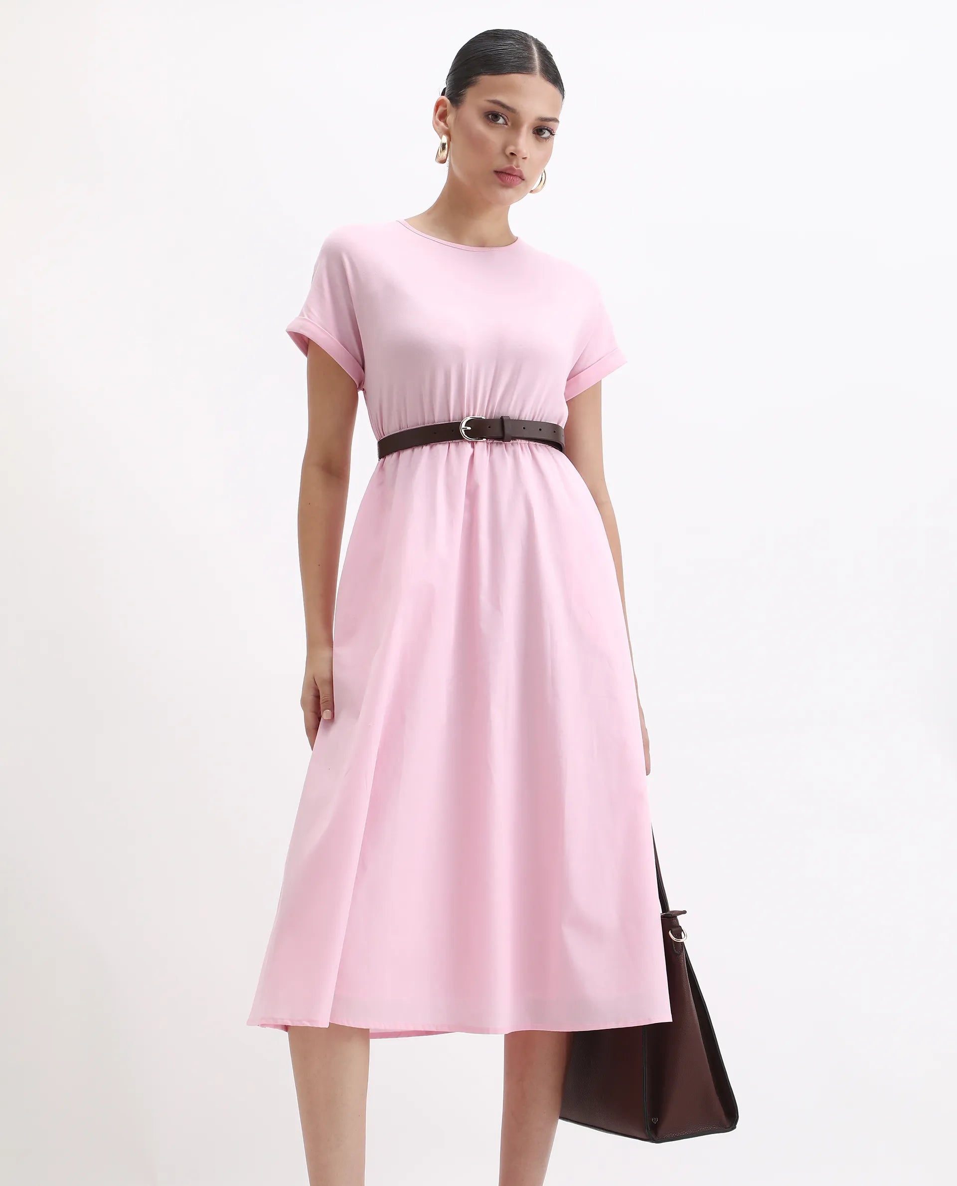 Rareism Women's Jento Pink Cotton Crew Neck Fit And Flare Dress