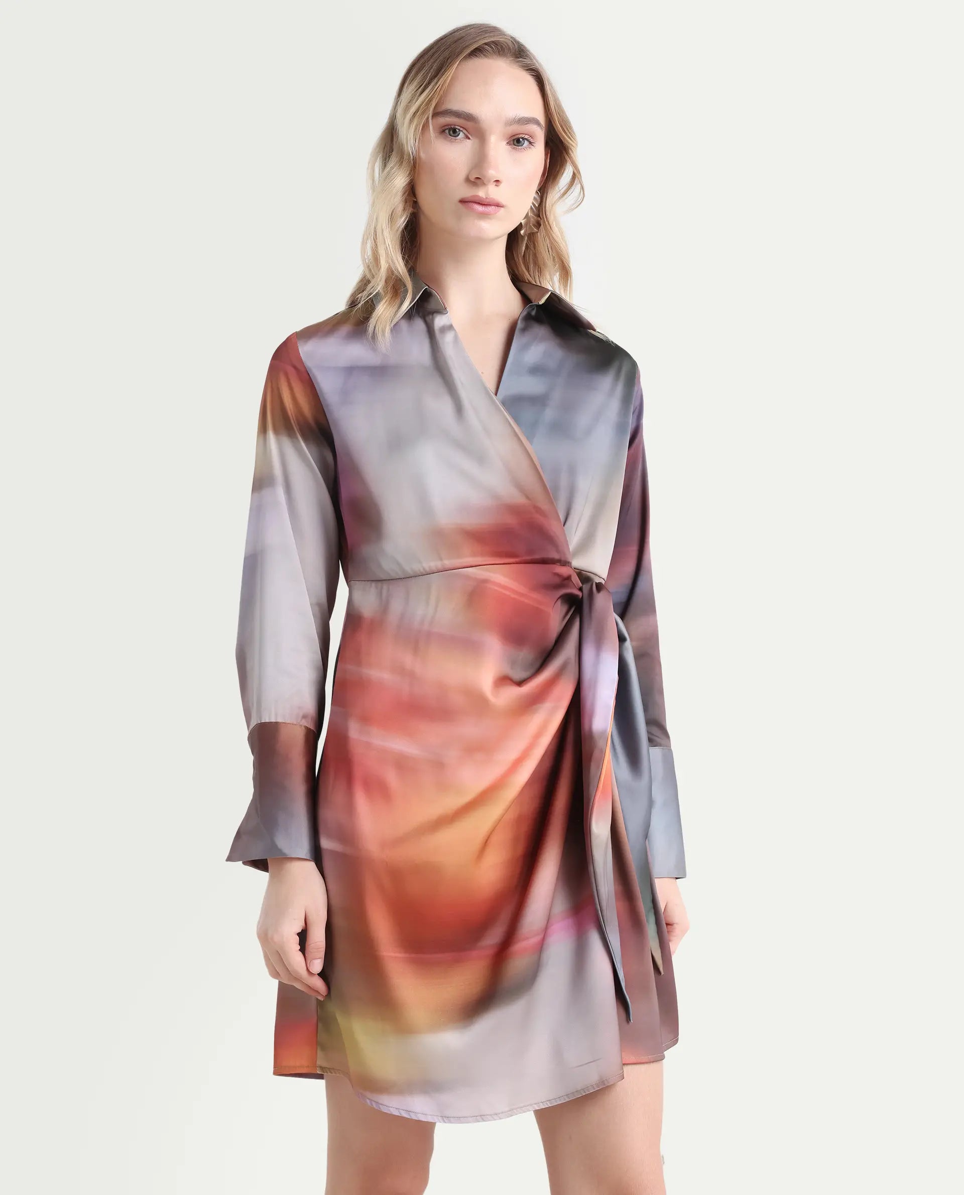 Rareism Women's Jengo Multi Polyester Johnny Collar Straight Fit Dress