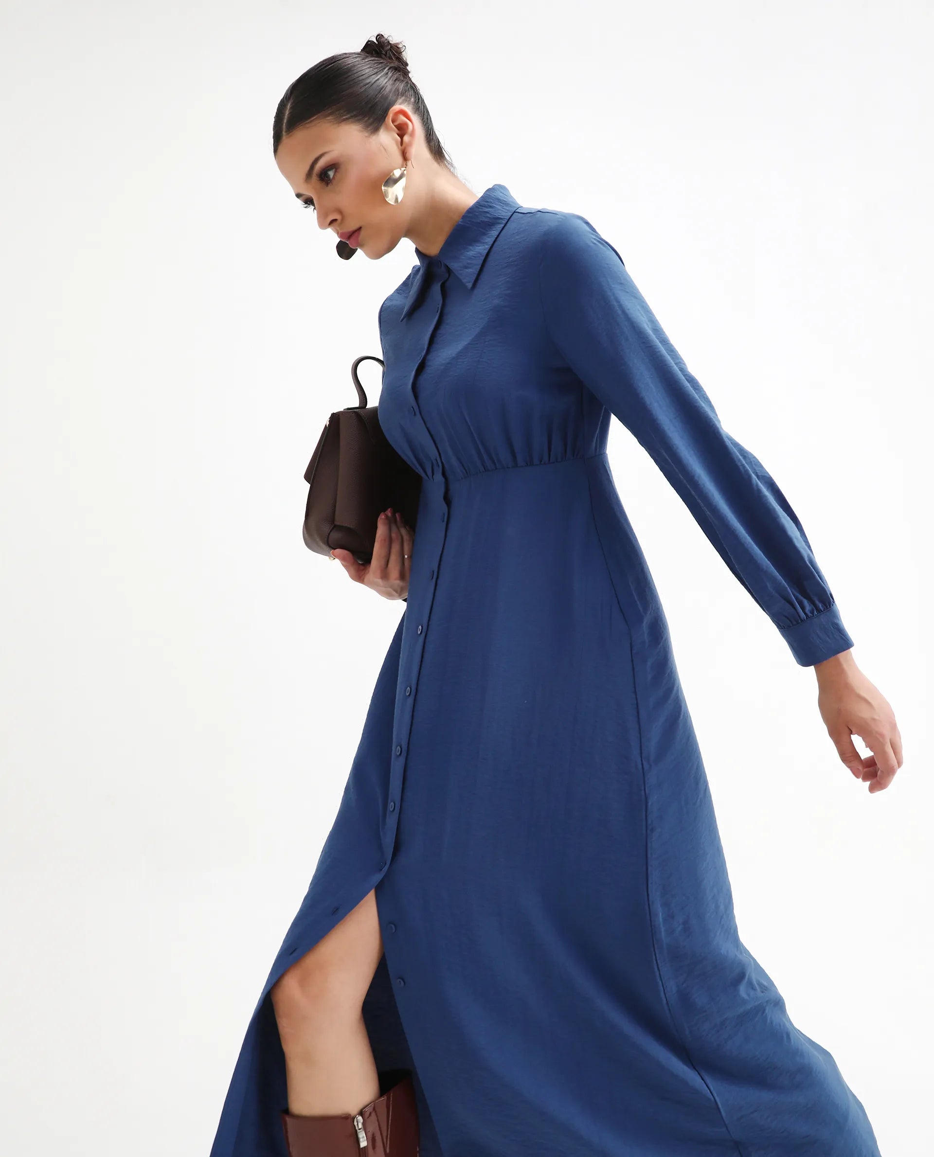 Rareism Women's Jenzif Blue Viscose Blend Collared Neck A-Line Plain Dress