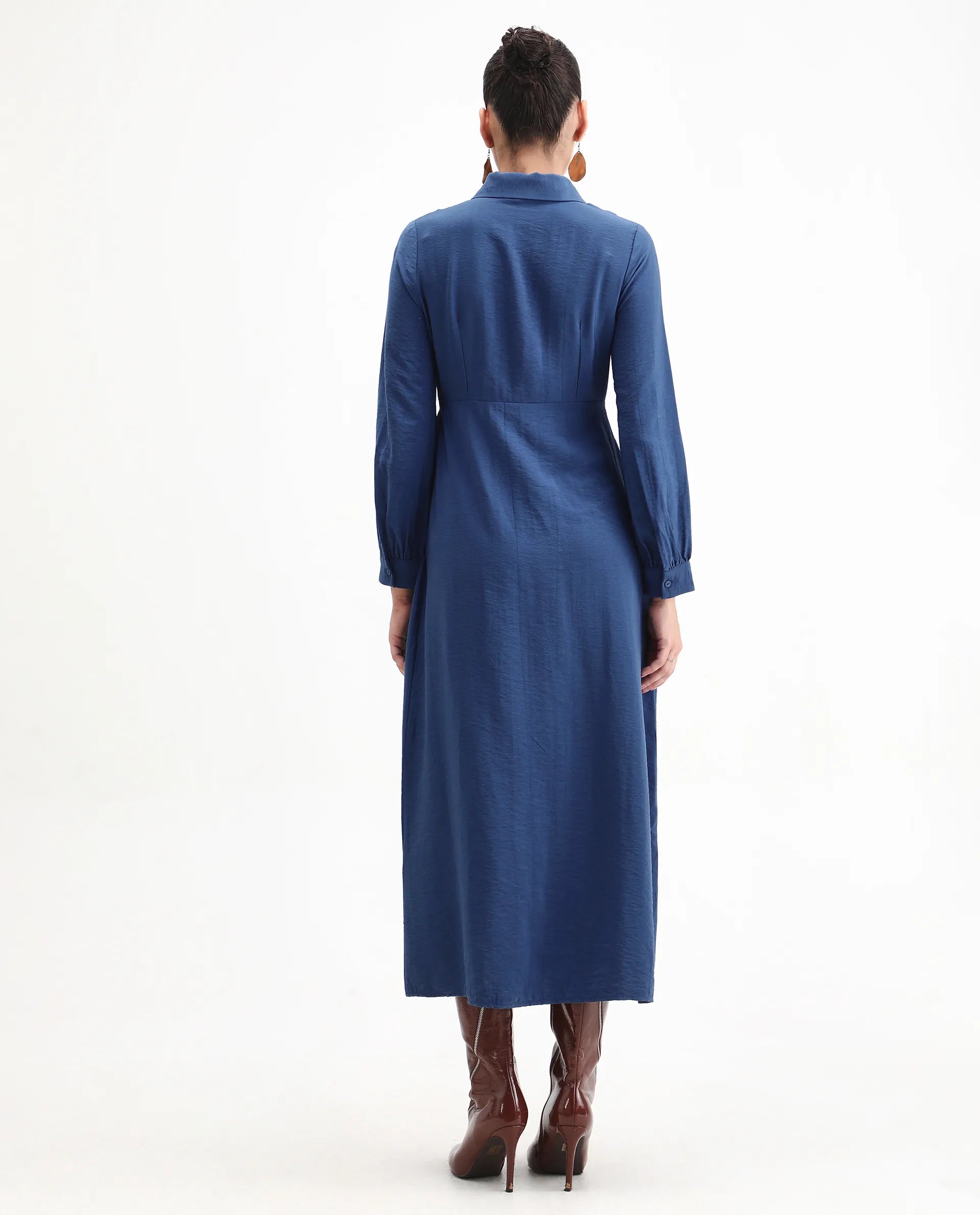 Rareism Women's Jenzif Blue Viscose Blend Collared Neck A-Line Plain Dress