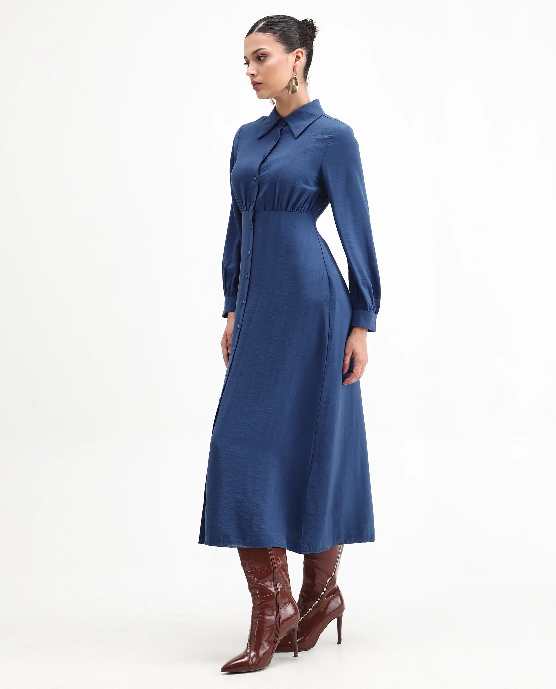 Rareism Women's Jenzif Blue Viscose Blend Collared Neck A-Line Plain Dress