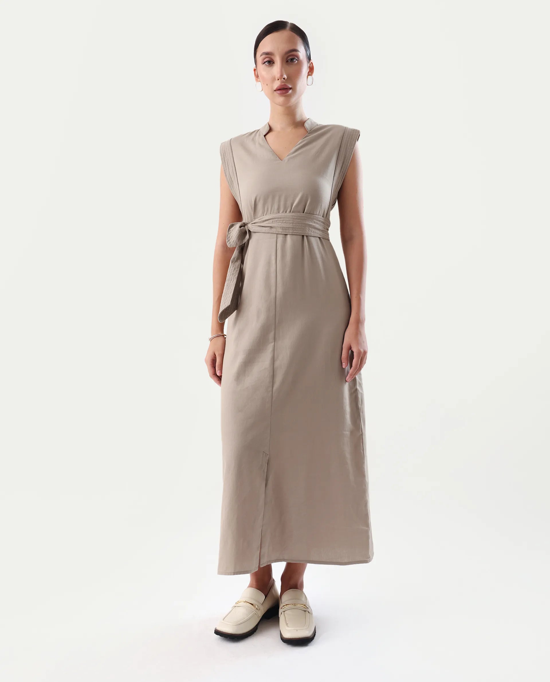 Rareism Women's Jenzo Beige Cotton Mandarin Collar Straight Fit Plain Dress