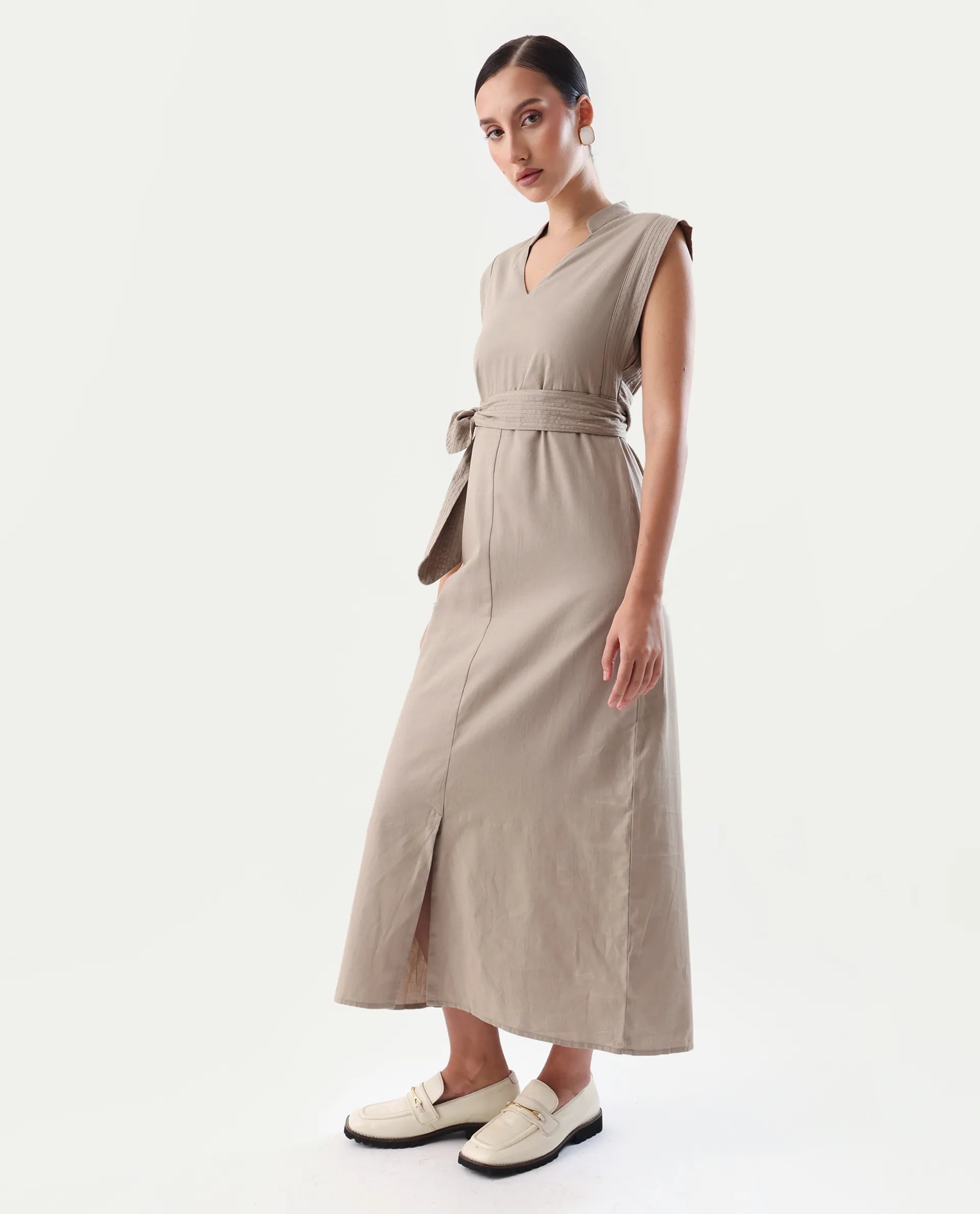 Rareism Women's Jenzo Beige Cotton Mandarin Collar Straight Fit Plain Dress