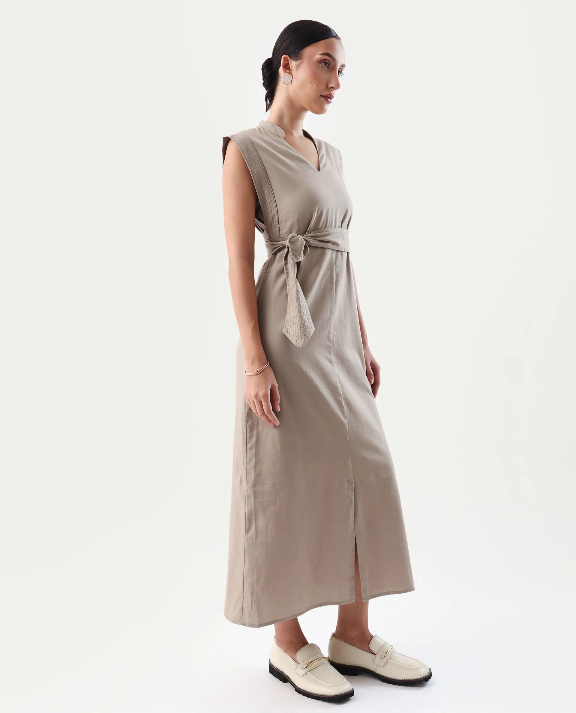 Rareism Women's Jenzo Beige Cotton Mandarin Collar Straight Fit Plain Dress