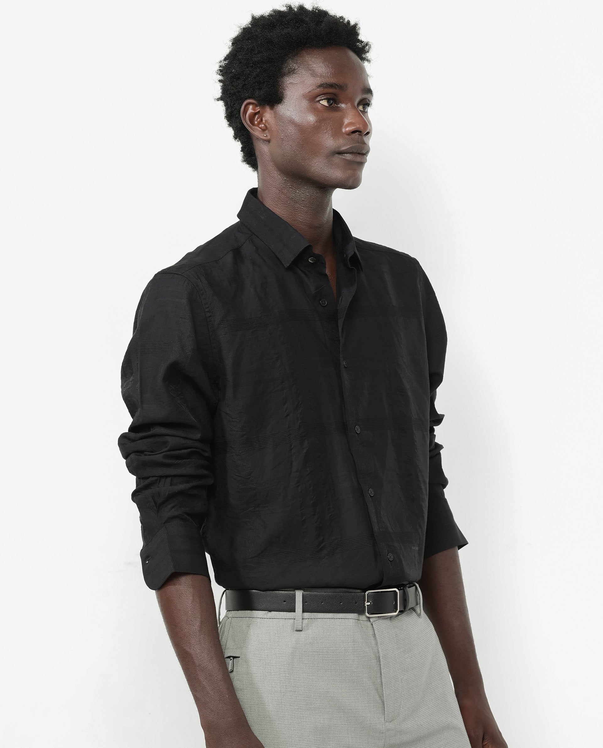 Rare Rabbit Men's Jerdo Black Viscose Nylon Fabric Full Sleeves Regular Fit Checked Shirt