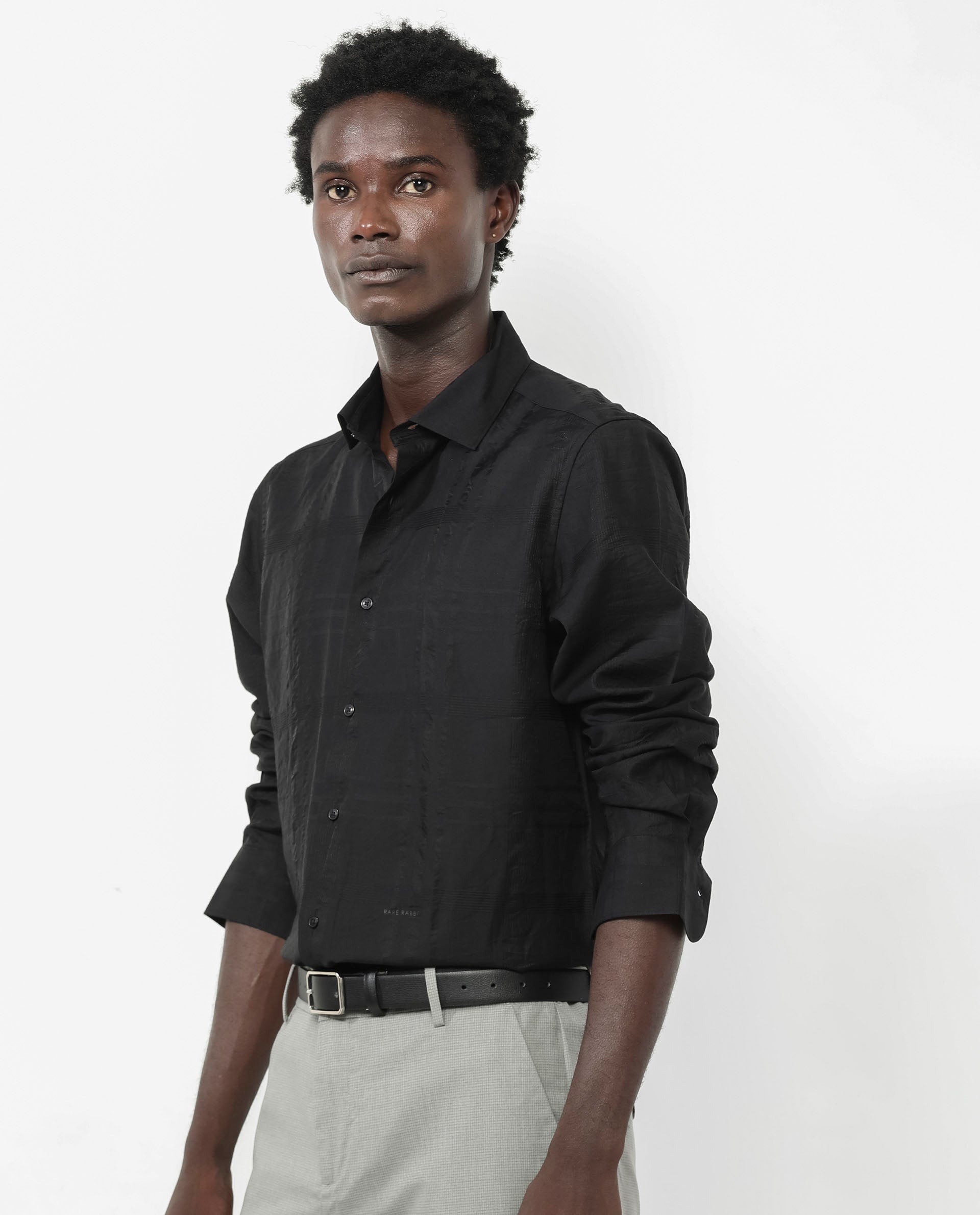 Rare Rabbit Men's Jerdo Black Viscose Nylon Fabric Full Sleeves Regular Fit Checked Shirt