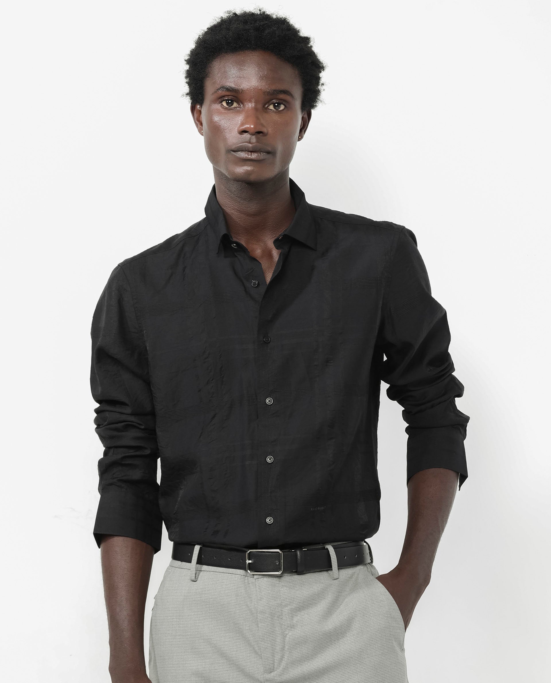 Rare Rabbit Men's Jerdo Black Viscose Nylon Fabric Full Sleeves Regular Fit Checked Shirt