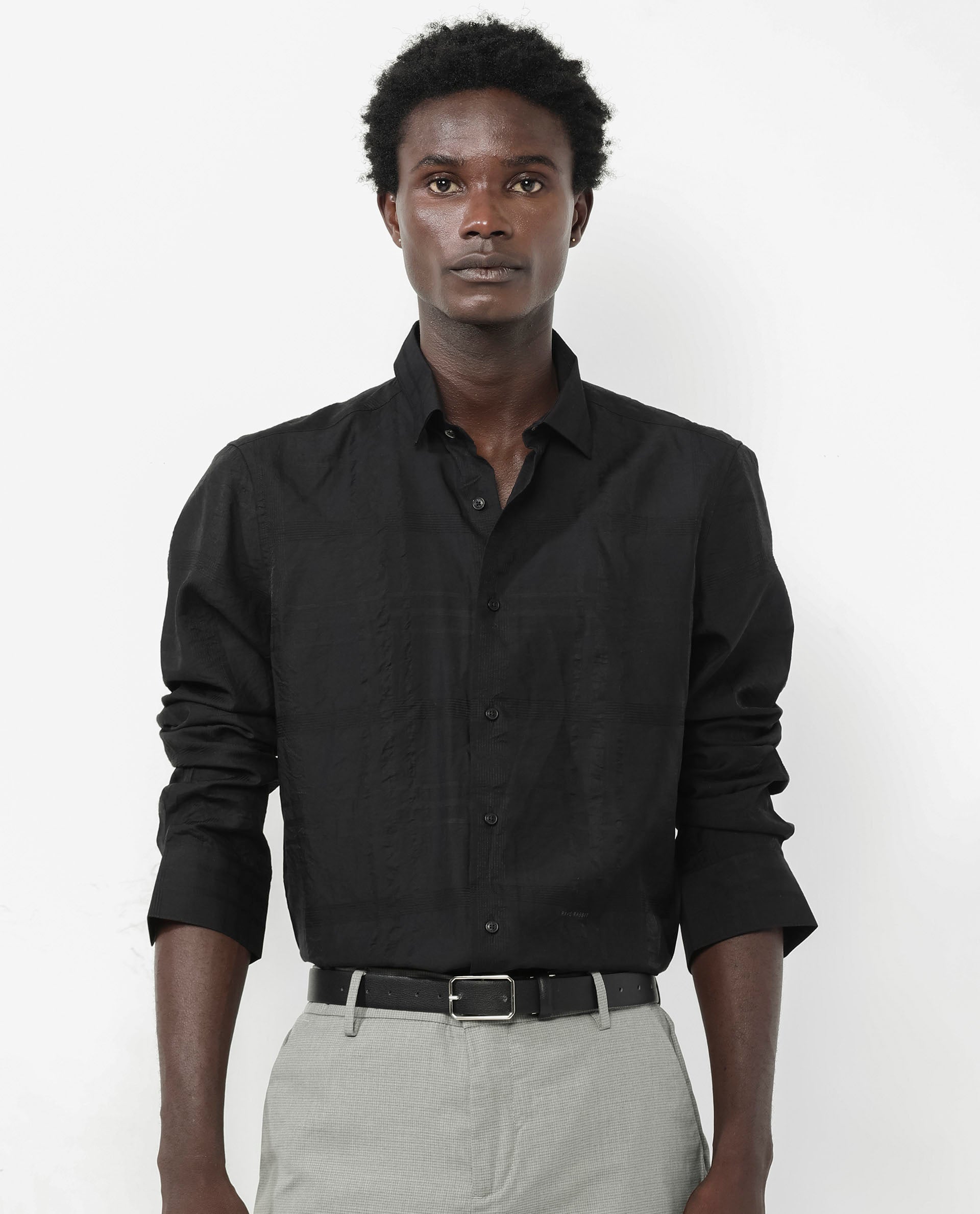 Rare Rabbit Men's Jerdo Black Viscose Nylon Fabric Full Sleeves Regular Fit Checked Shirt