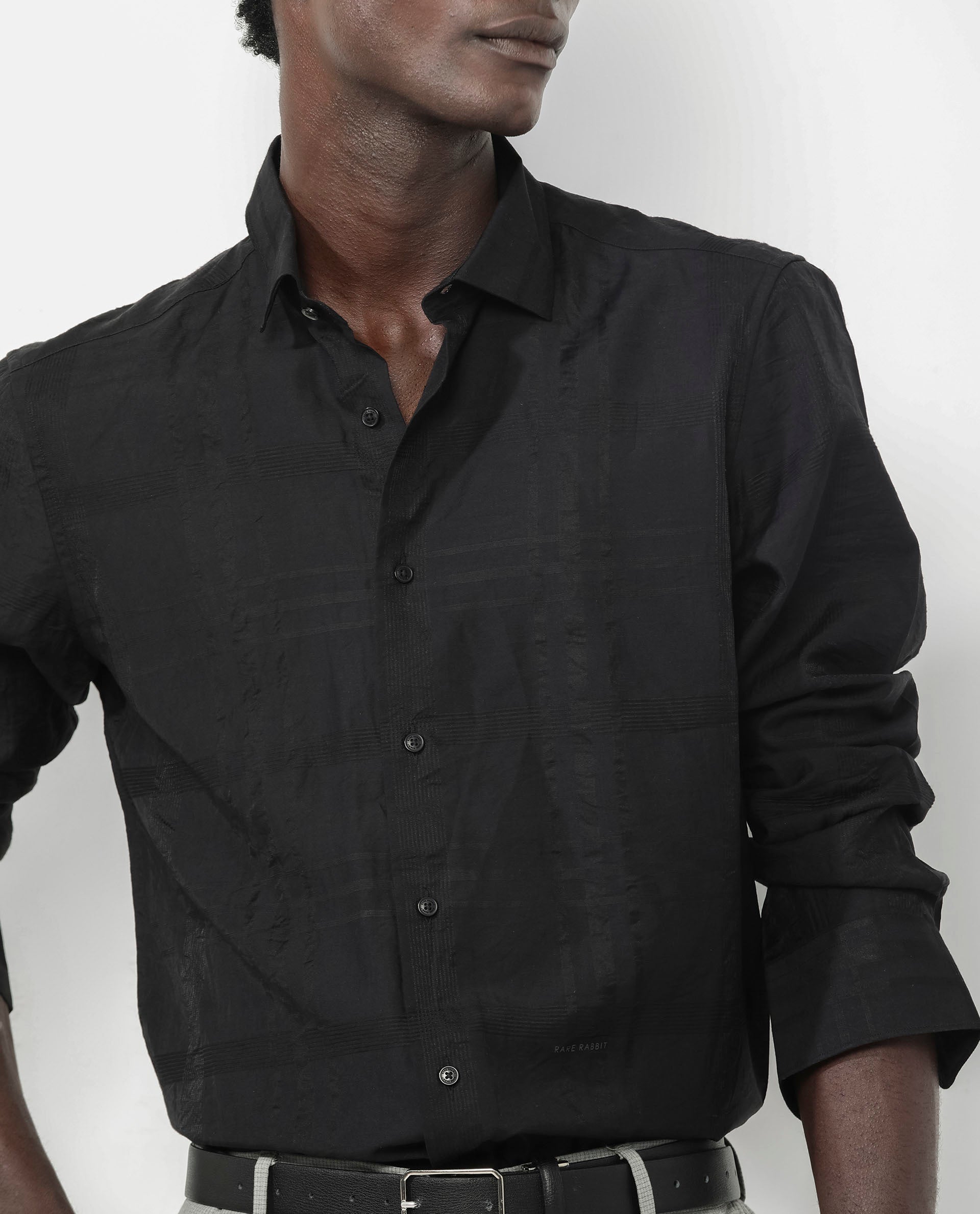 Rare Rabbit Men's Jerdo Black Viscose Nylon Fabric Full Sleeves Regular Fit Checked Shirt