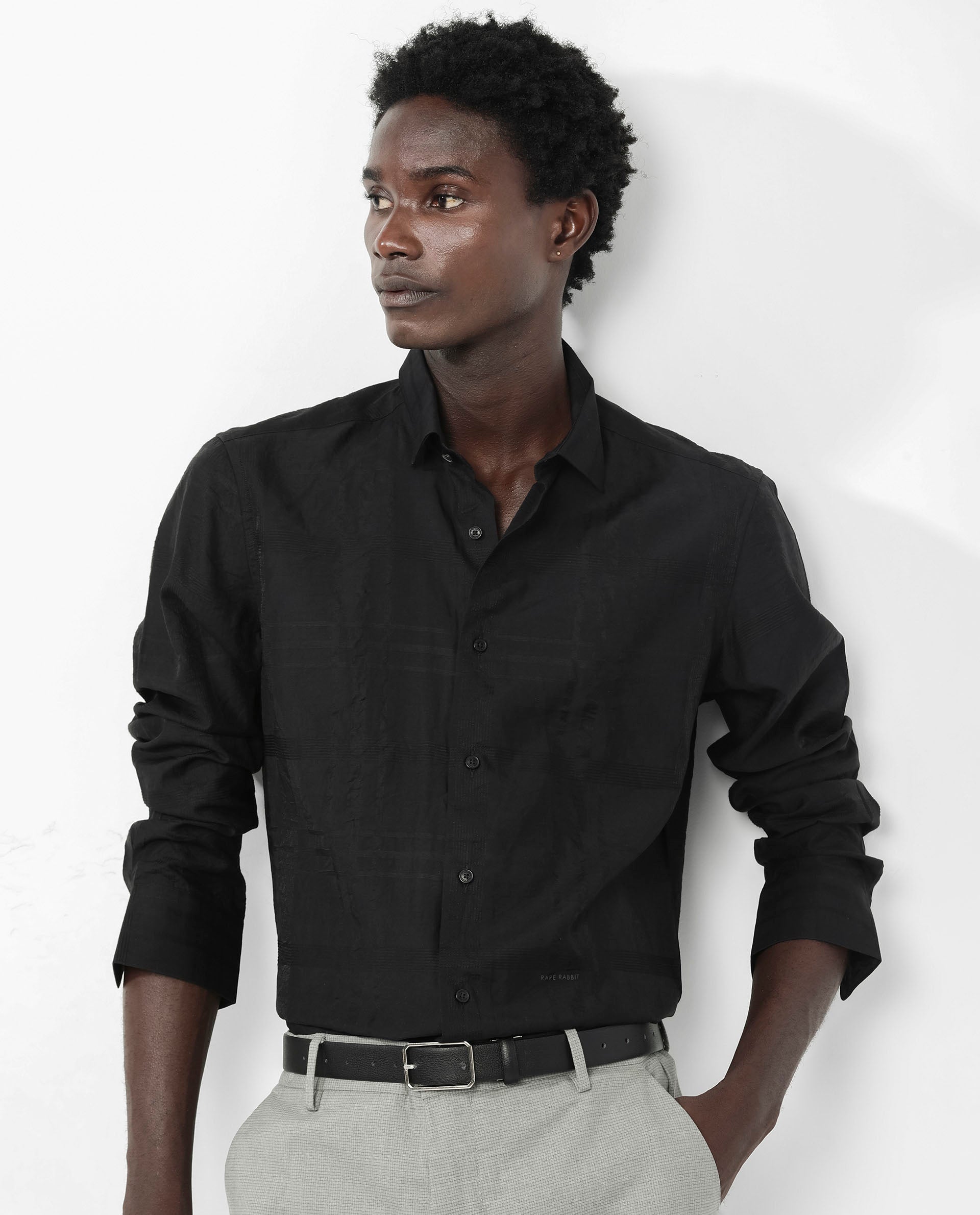 Rare Rabbit Men's Jerdo Black Viscose Nylon Fabric Full Sleeves Regular Fit Checked Shirt