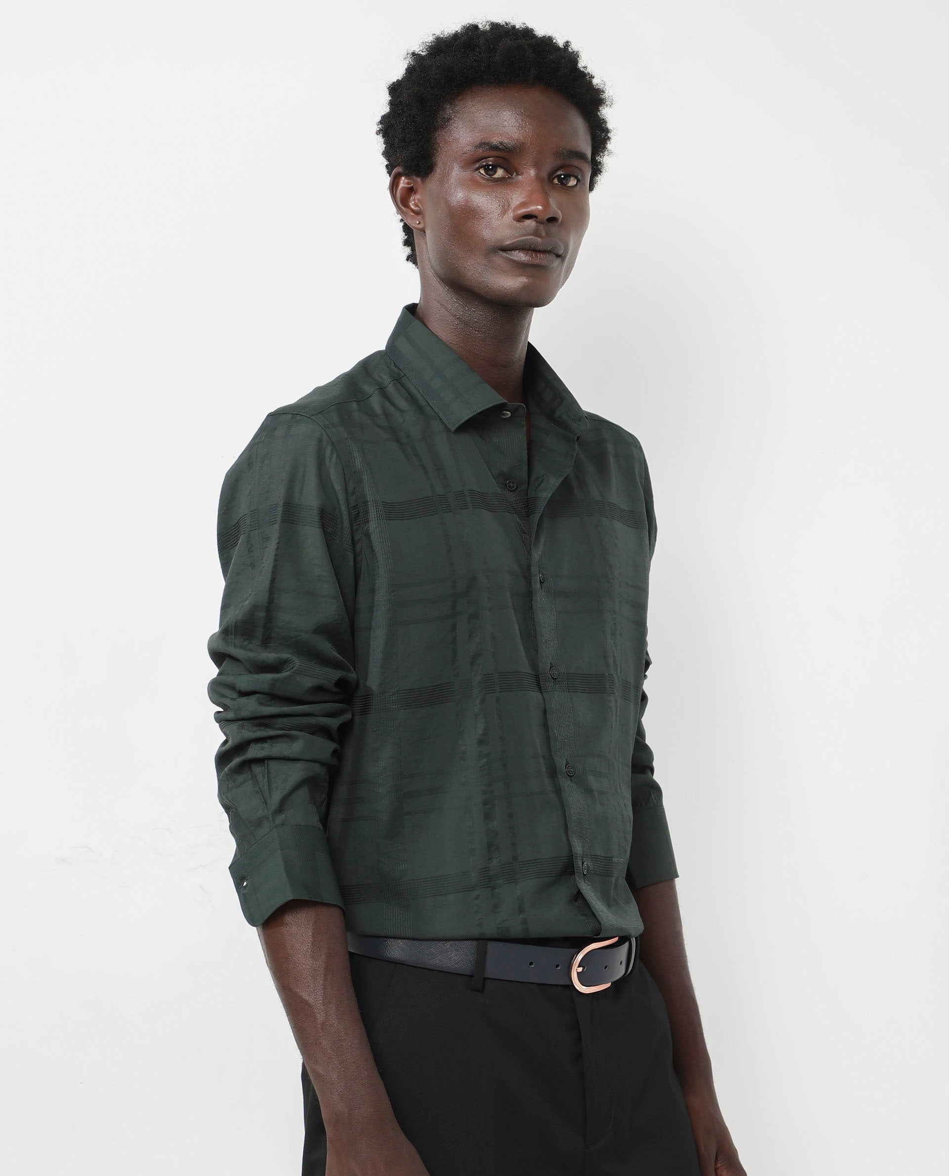 Rare Rabbit Men's Jerdo Green Viscose Nylon Fabric Full Sleeves Regular Fit Checked Shirt