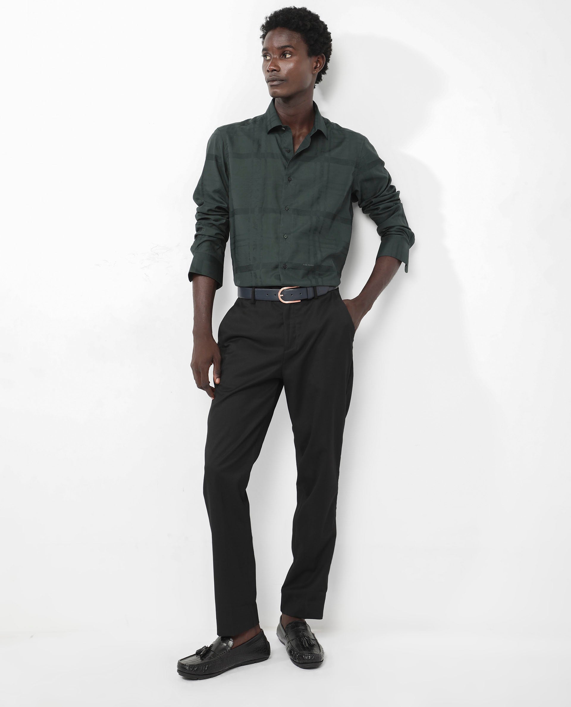 Rare Rabbit Men's Jerdo Green Viscose Nylon Fabric Full Sleeves Regular Fit Checked Shirt