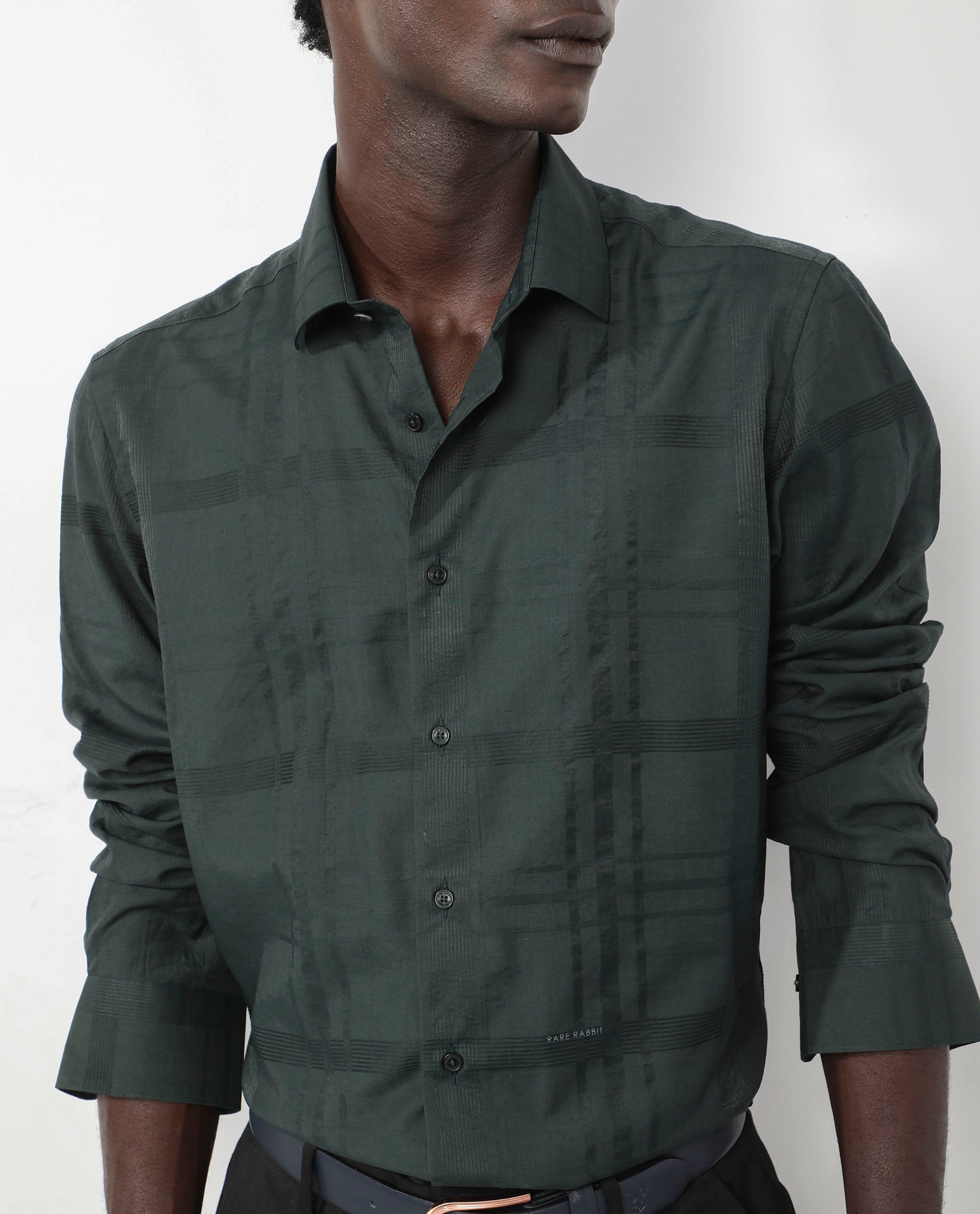 Rare Rabbit Men's Jerdo Green Viscose Nylon Fabric Full Sleeves Regular Fit Checked Shirt