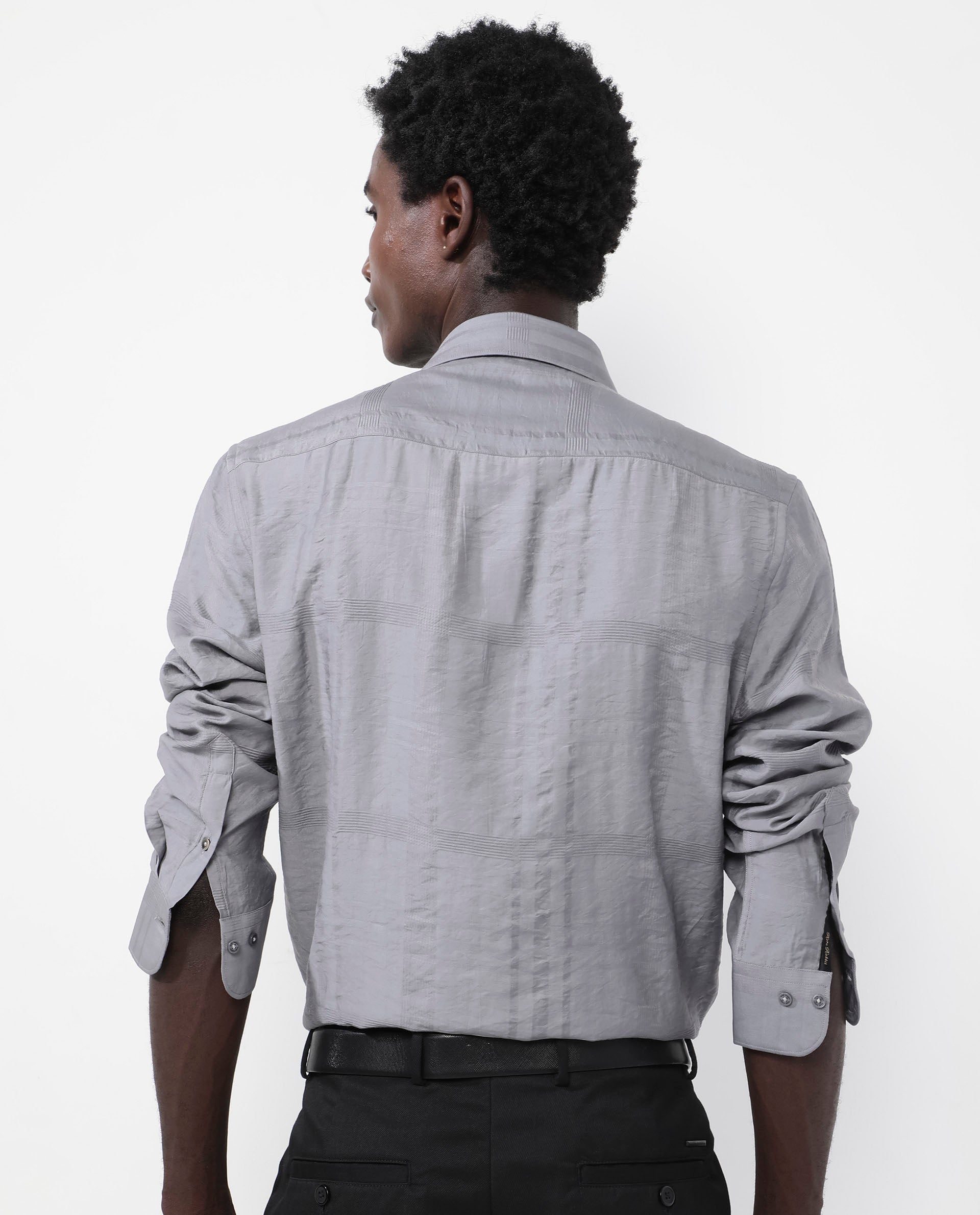 Rare Rabbit Men's Jerdo Grey Viscose Nylon Fabric Full Sleeves Regular Fit Checked Shirt