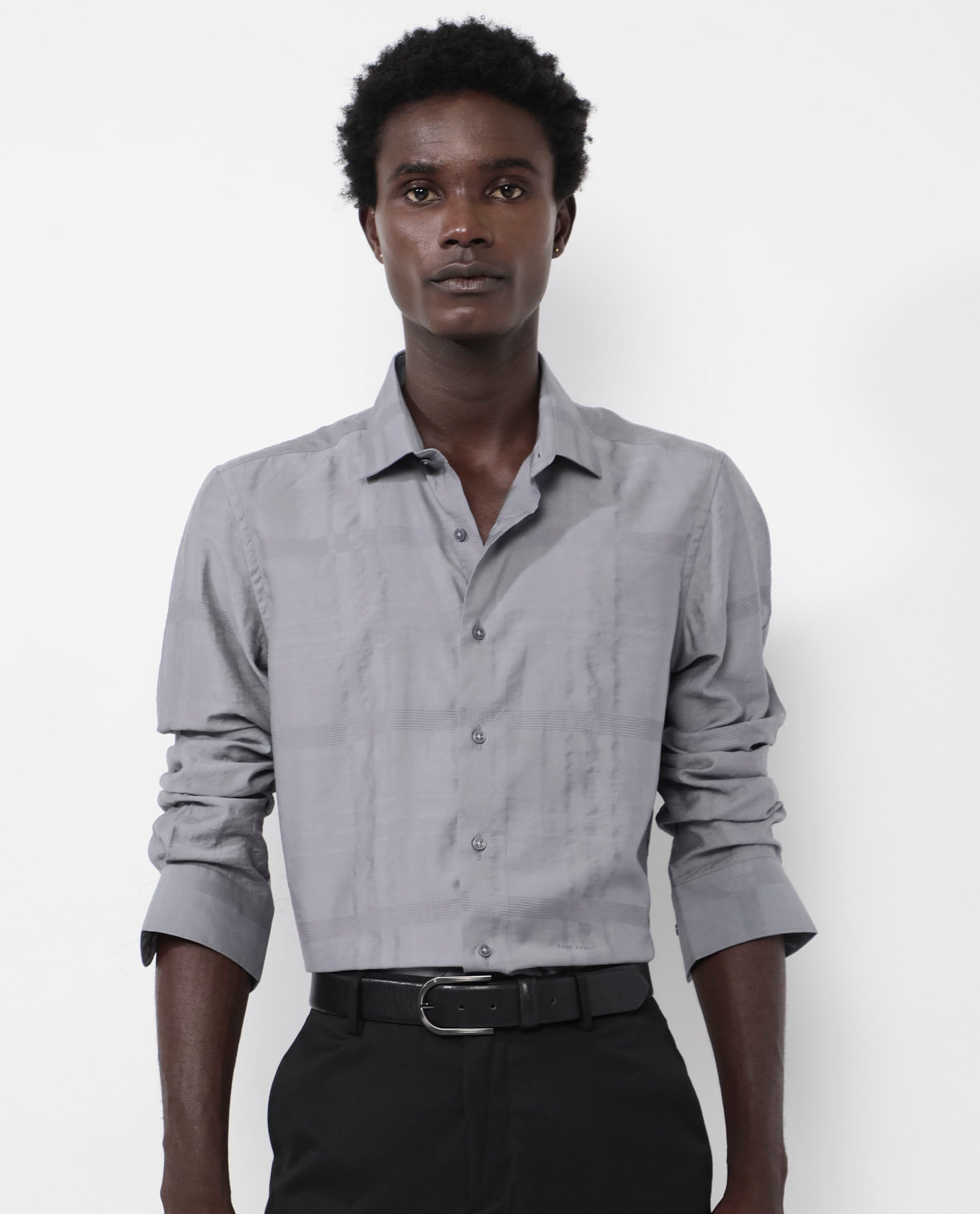 Rare Rabbit Men's Jerdo Grey Viscose Nylon Fabric Full Sleeves Regular Fit Checked Shirt